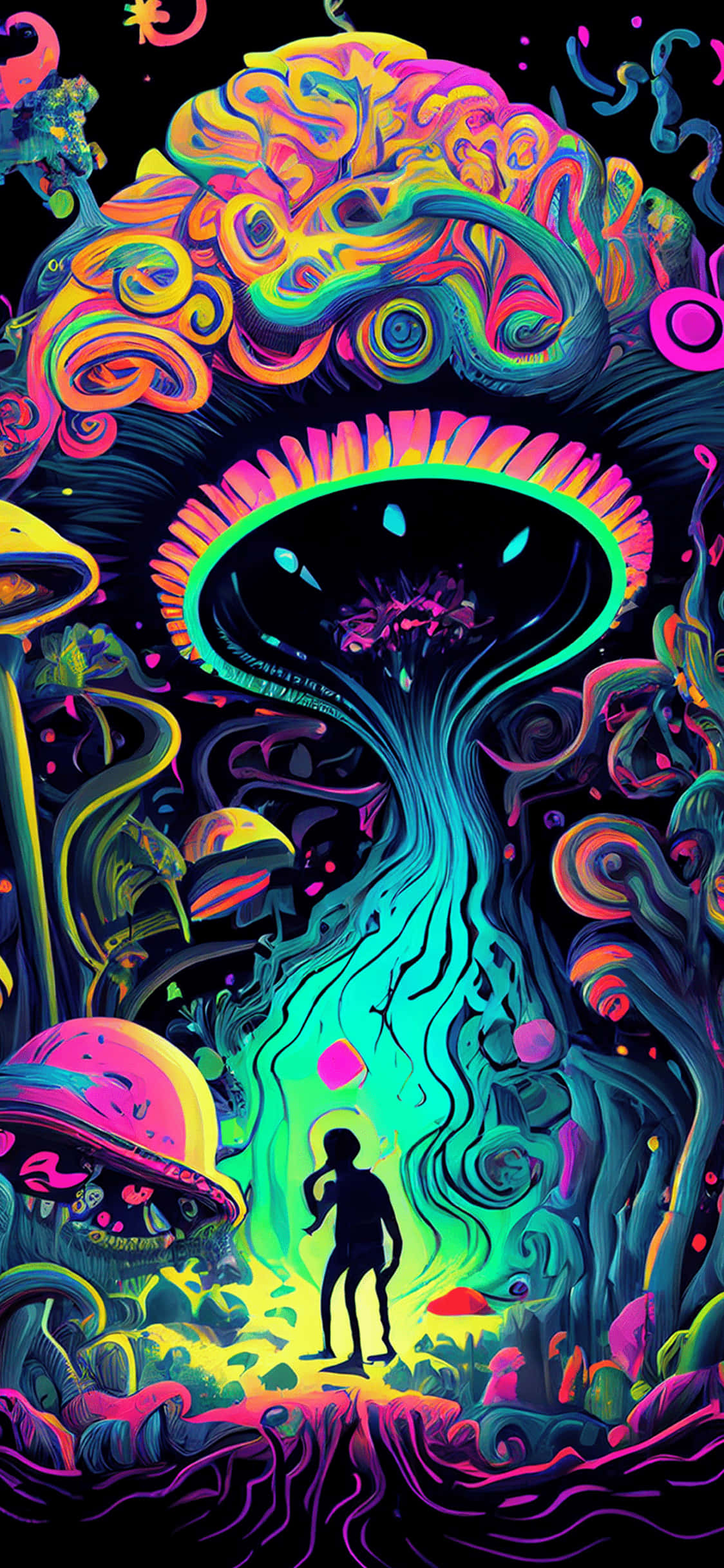 迷幻動圖 桌布 壁紙 — 一個孤獨的身影站在一個巨大的發光蘑菇下，身處一個充滿霓虹真菌和旋轉宇宙圖案的迷幻森林中。