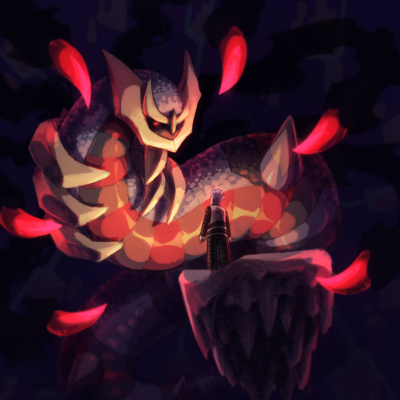 Giratina 桌布 壁紙 — 一個孤獨的身影站在一個巨大的發光紅色和橙色龍前，處於黑暗神秘的環境中。