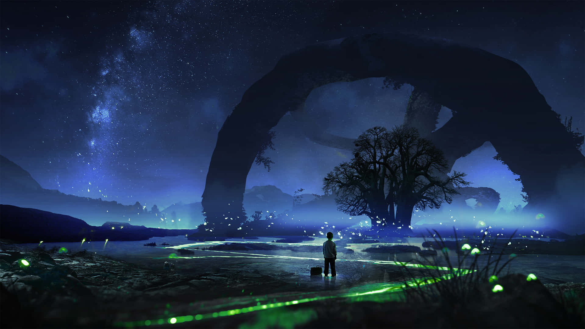 Firefly HD 桌布 壁紙 — 一個孤獨的身影站在一個巨大的石拱門下，頭頂是星光燦爛的夜空，散發著宇宙藍色和綠色的生物發光光芒。