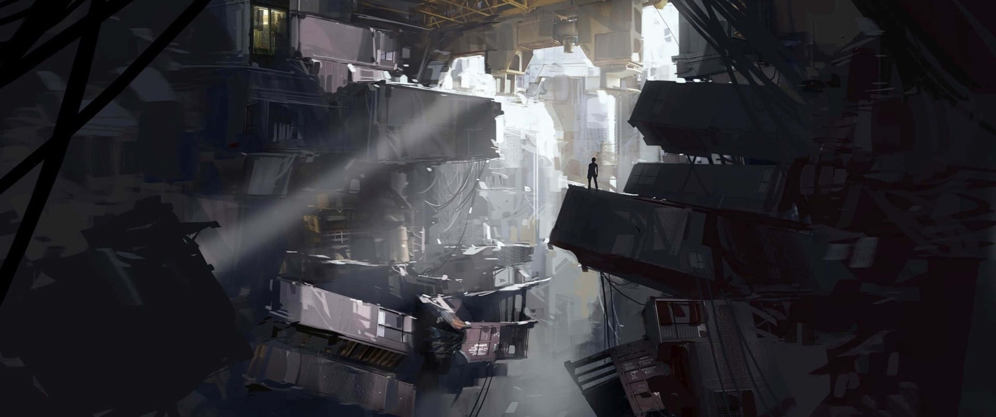 3440x1440p Portal 2 桌布 壁紙 — 一個孤獨的身影站在一個廣闊廢墟城市景觀中破碎的結構頂部，沐浴在戲劇性的光束中。