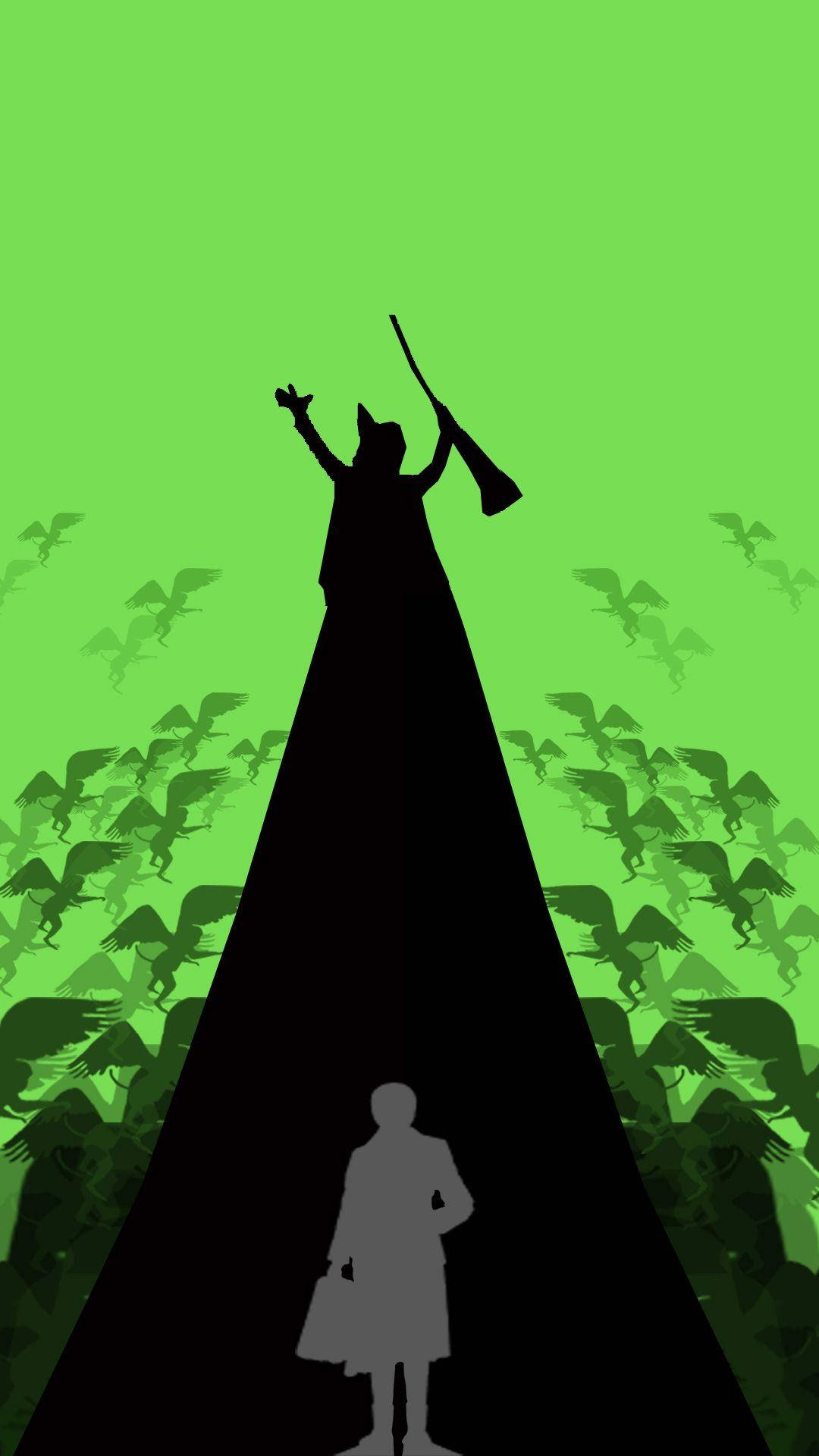 Broadway 桌布 壁紙 — 一個孤獨的身影站在一個戴著兜帽、手持號角的巨大黑色剪影底部，而帶翼生物在鮮綠色背景下蜂擁而至。