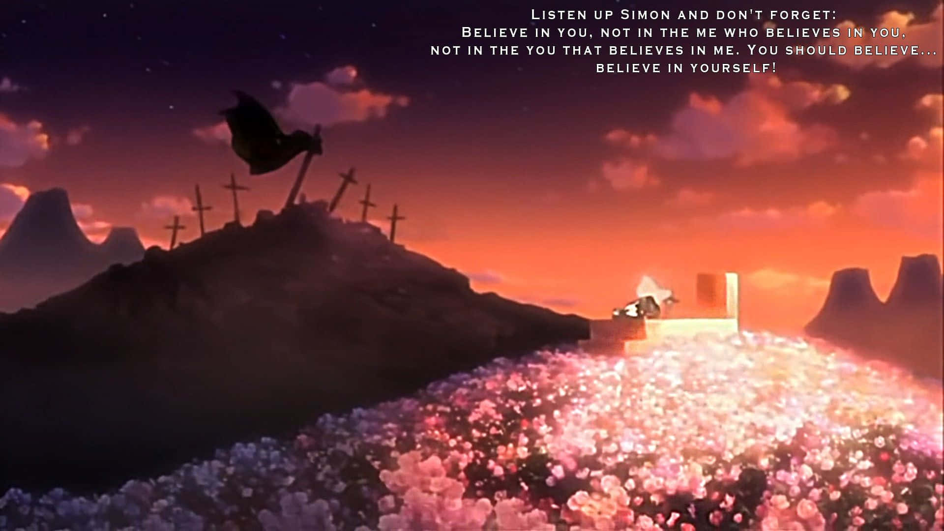 Gurren Lagann 桌布 壁紙 — 一個孤獨的身影站在一個有十字架的山丘上，腳下是火紅的日落天空，下方是一片閃爍著粉紅色和紫色光芒的花田。