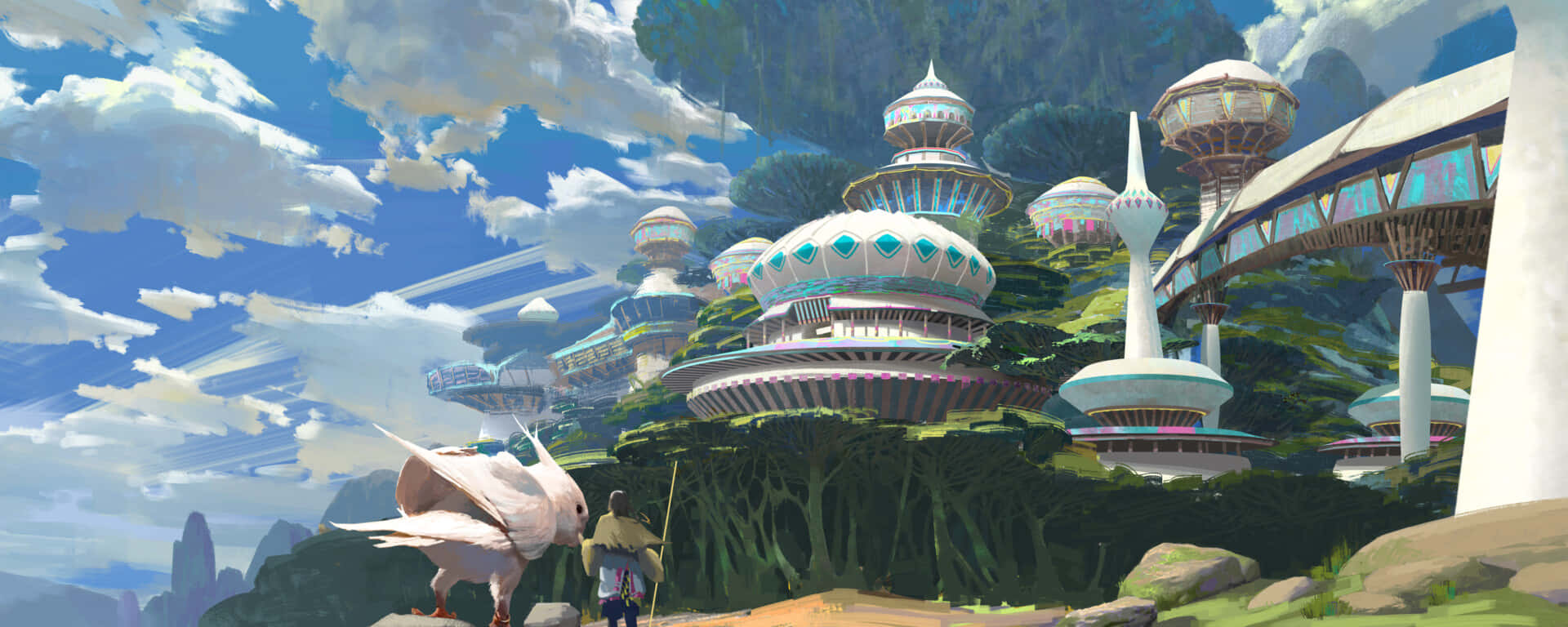 遊戲 桌布 壁紙 — 一個孤獨的身影站在一個未來主義的漂浮城市前，該城市坐落在鬱鬱蔥蔥的綠色山脈中，天空湛藍，白雲朵朵。