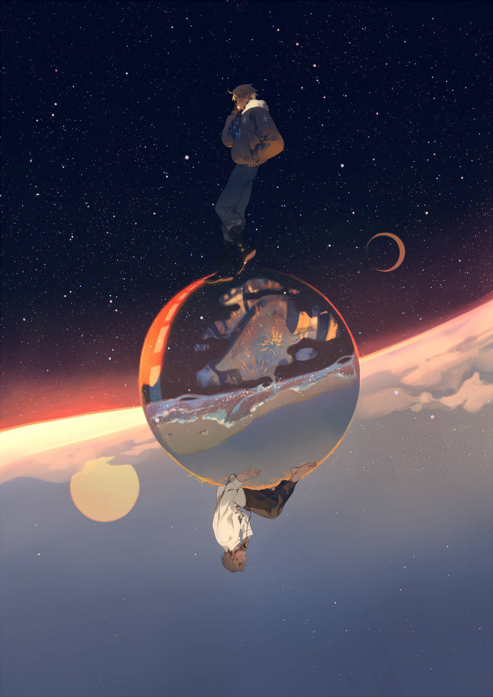 Digital 桌布 壁紙 — 一個孤獨的身影站在一個漂浮在星空中的反射球體上，下方有新月和發光的球體。