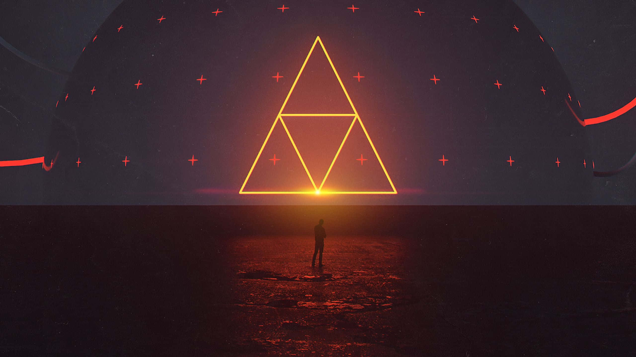 triangle 桌布 壁紙 — 一個孤獨的身影站在一個漂浮在星空黑暗穹頂中的發光金色三角力量符號前，帶有紅色十字燈光。