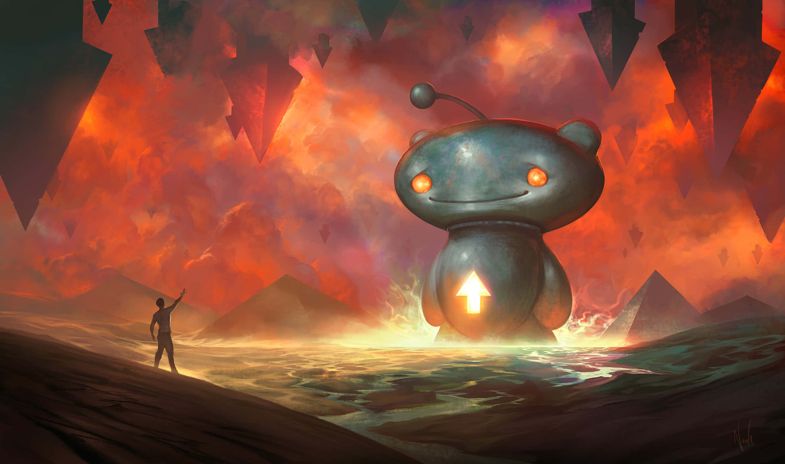 Reddit 桌布 壁紙 — 一個孤獨的身影站在一個發光的巨型機器人面前，背景是熾熱的外星景觀，有鋸齒狀的岩石 formations。
