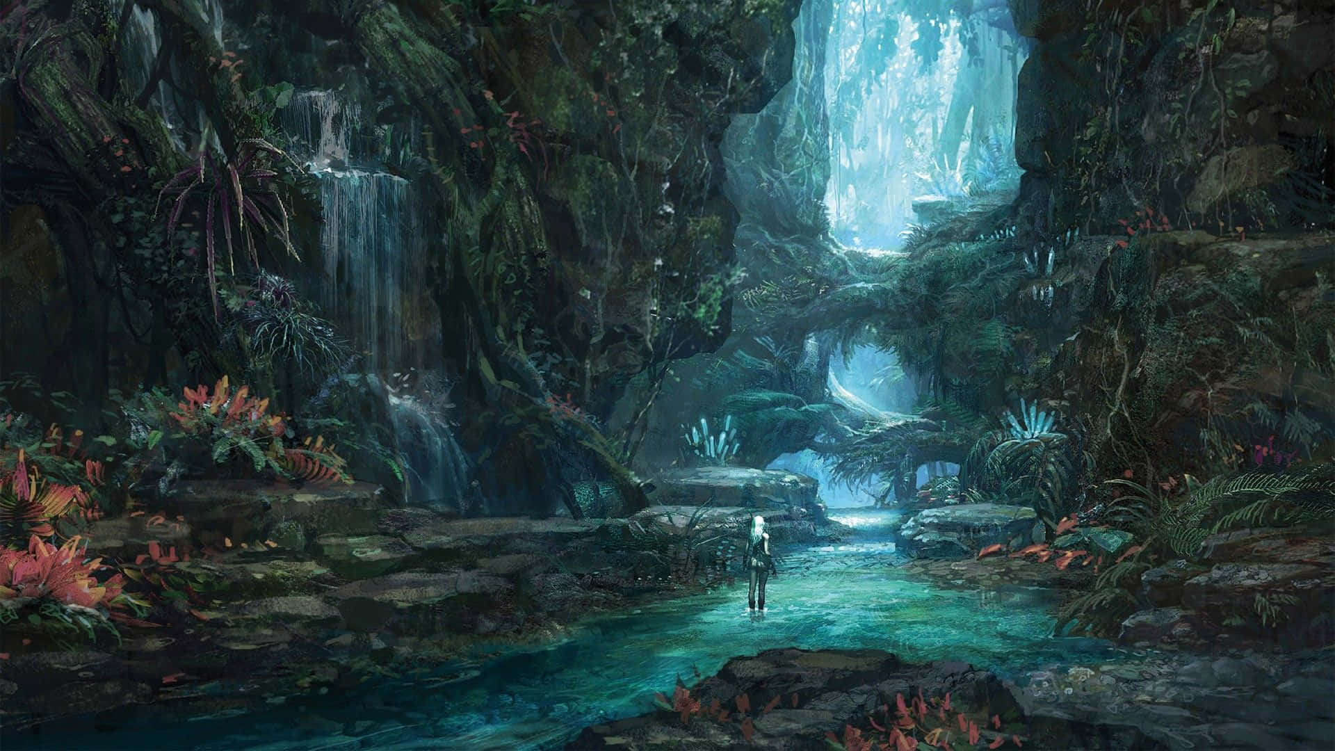 Anime Forest 桌布 壁紙 — 一個孤獨的身影站在一個發光的藍綠色水池中，位於一個鬱鬱蔥蔥、神秘的叢林洞穴中心，周圍有層疊的瀑布和生物發光的植物。