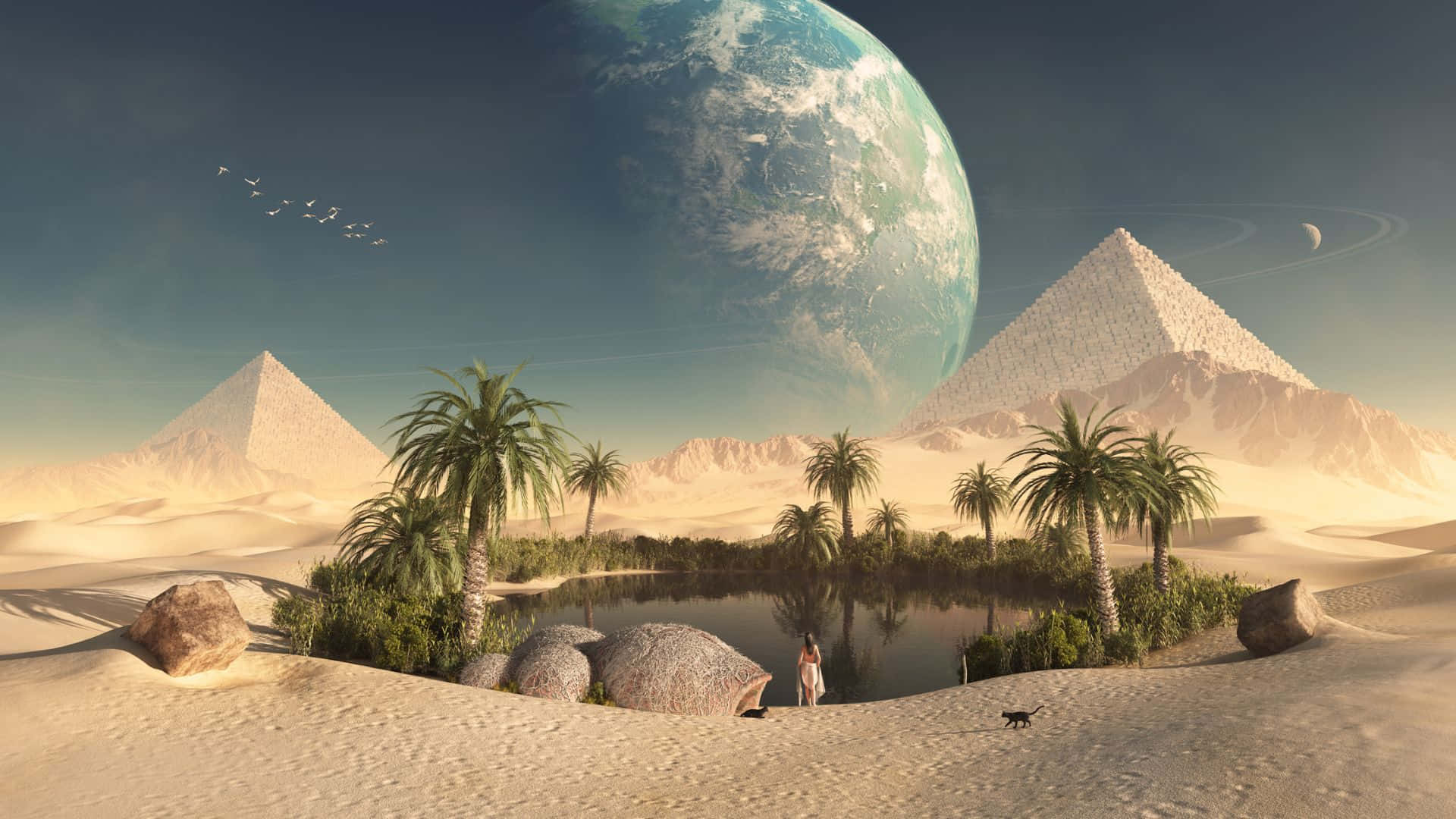 Desert 桌布 壁紙 — 一個孤獨的身影站在一個被棕櫚樹和金字塔環繞的綠洲池塘旁，在一個超現實的沙漠景觀中，上方有一顆巨大的類地行星。