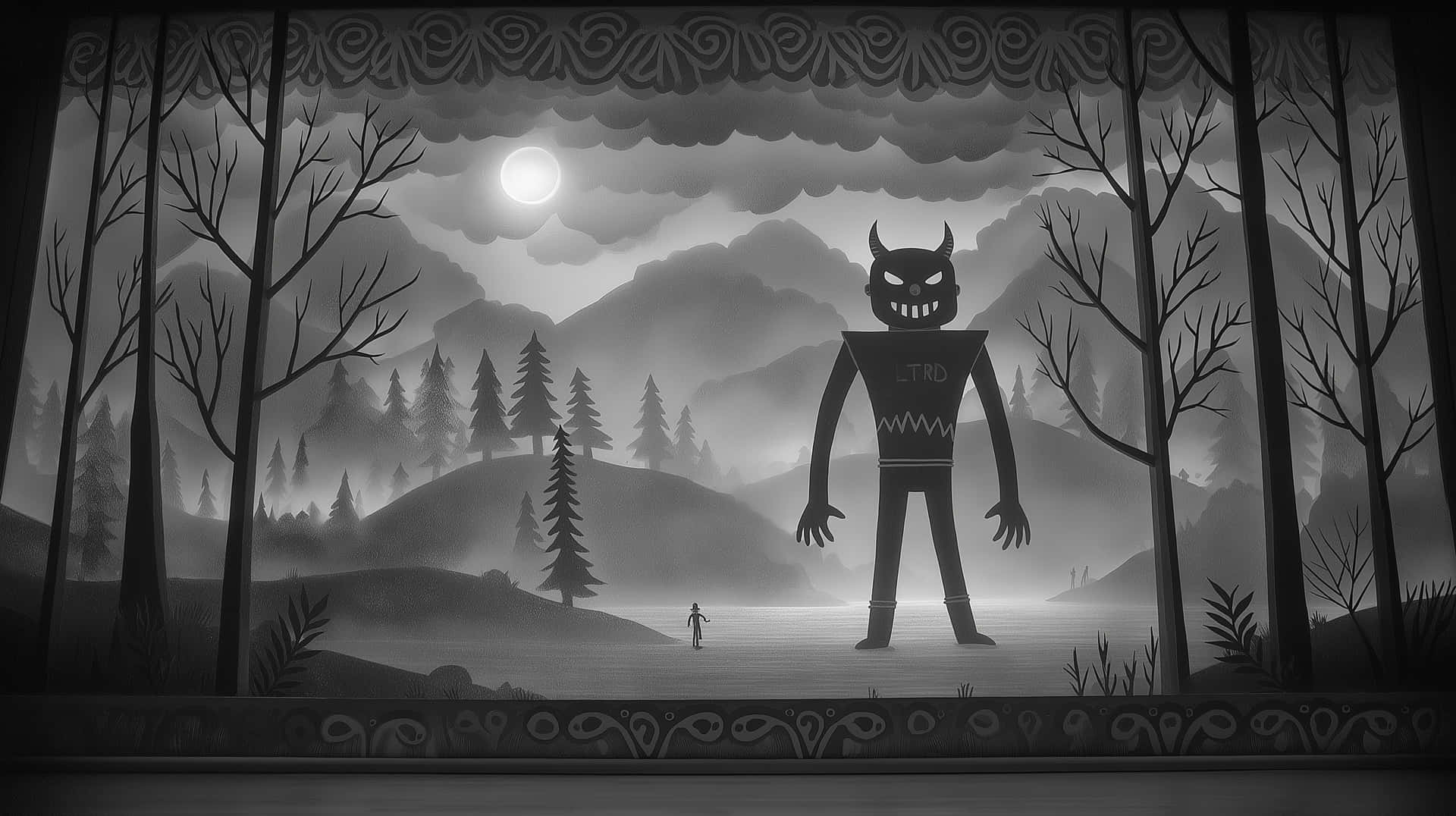 Giant Horned Creature in Misty Lake with Full Moon 壁紙 — 一個孤獨的身影站在一個高聳的惡魔木偶前，舞台霧氣瀰漫，周圍是光禿禿的樹木，滿月當空。