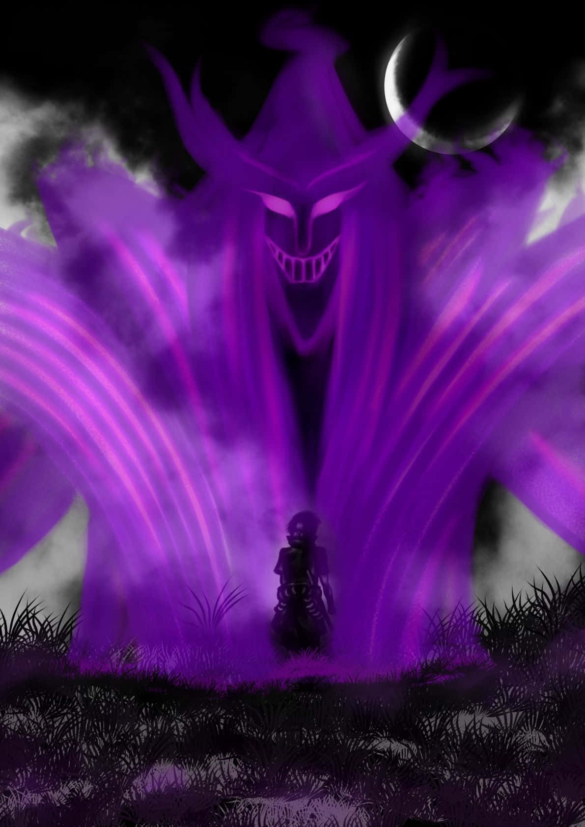 Purple Anime 桌布 壁紙 — 一個孤獨的身影站在一個高聳的紫色怪物面前，怪物有發光的眼睛和鋸齒狀的角，背景是一彎新月。