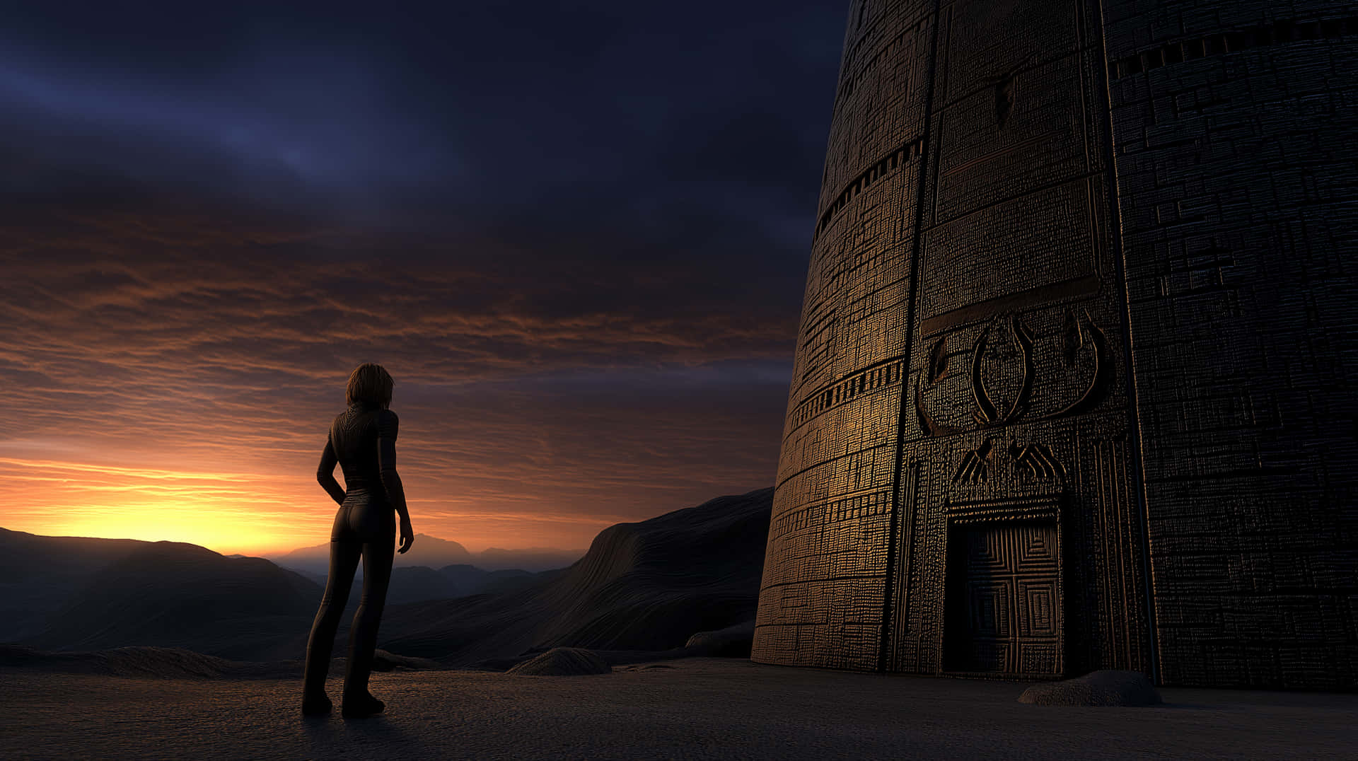 Figure at Sunset Before Alien Monument on Distant World 壁紙 — 一個孤獨的身影站在一座巨大的古老石塔前，夕陽西下，沙漠山丘上空有火紅的橙色雲彩。
