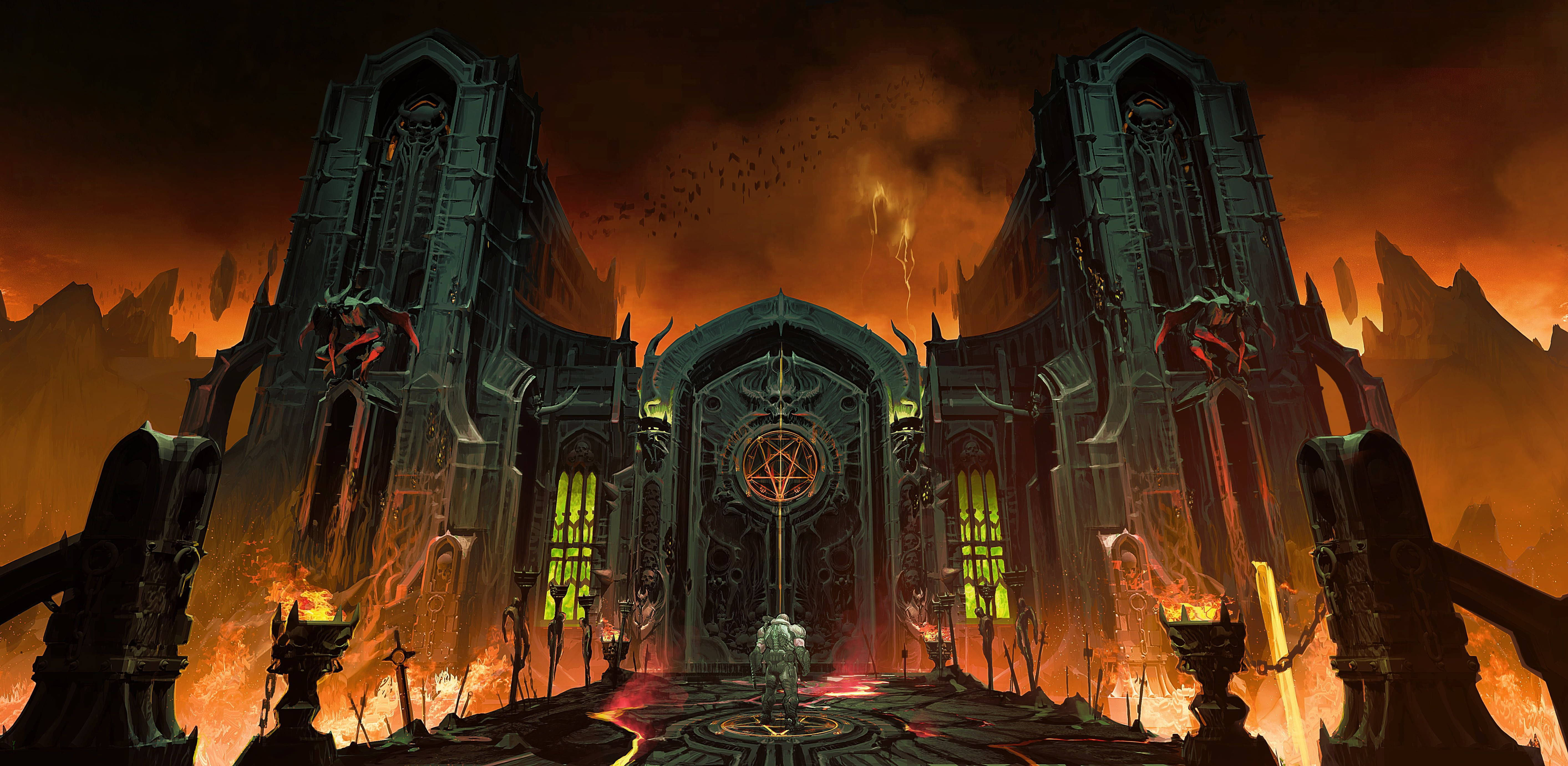 doom HD 桌布 壁紙 — 一個孤獨的身影站在一座巨大的哥德式大教堂前，教堂被熾熱的橙色火焰吞噬，天空陰暗不祥。