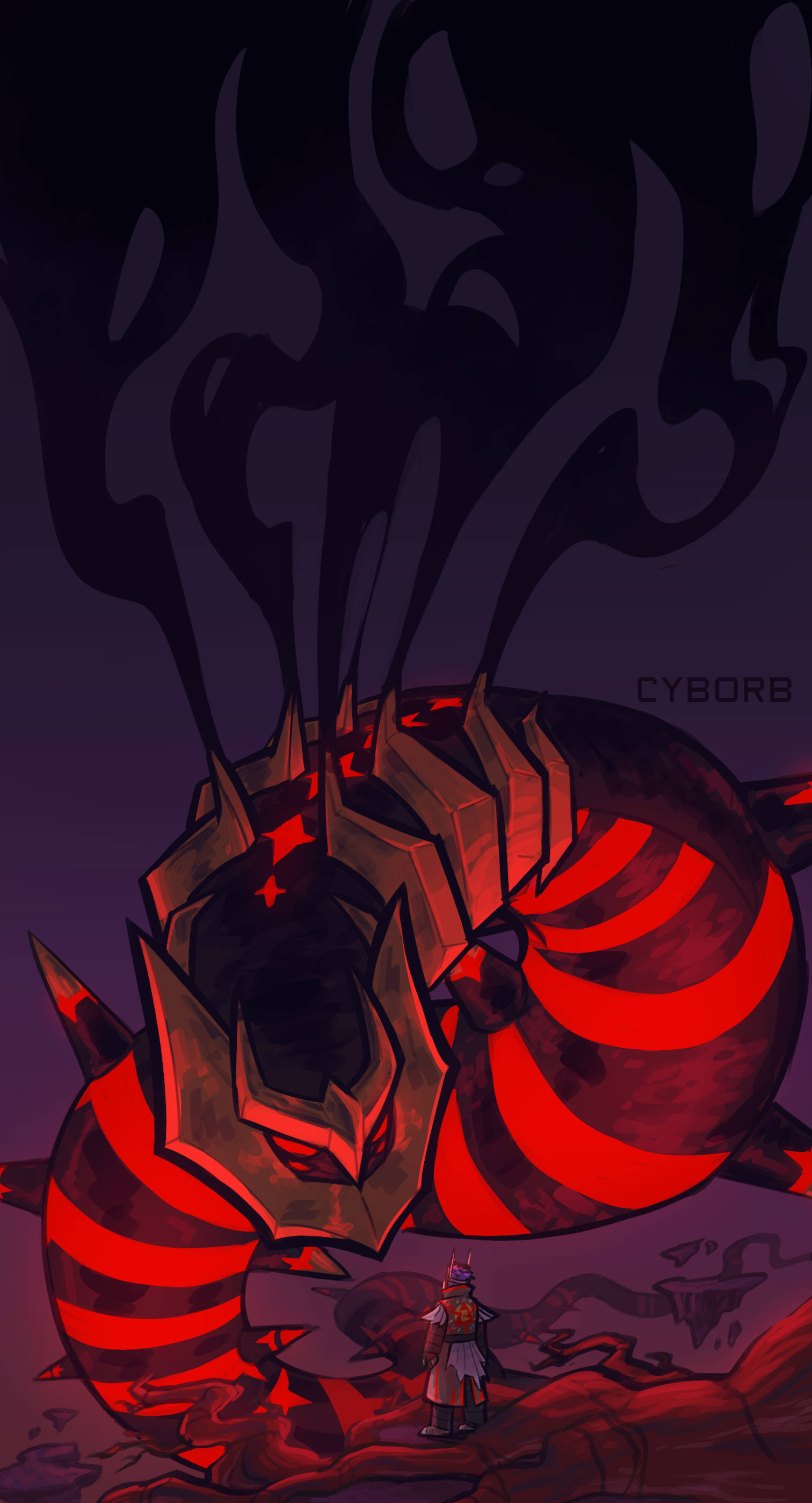 Giratina 桌布 壁紙 — 一個孤獨的身影站在一條巨大的紅黑條紋龍面前，龍頭冒煙，背景是黑暗的奇幻場景。