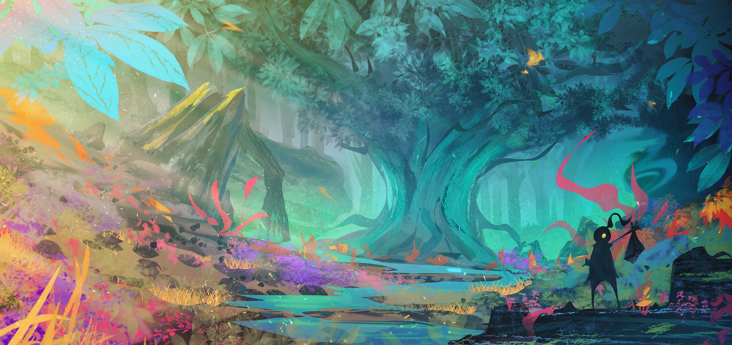 Painting Desktop 桌布 壁紙 — 一個孤獨的身影站在一棵巨大的發光樹前，身處一個充滿鮮豔霓虹色彩和魔法能量的超現實森林中。