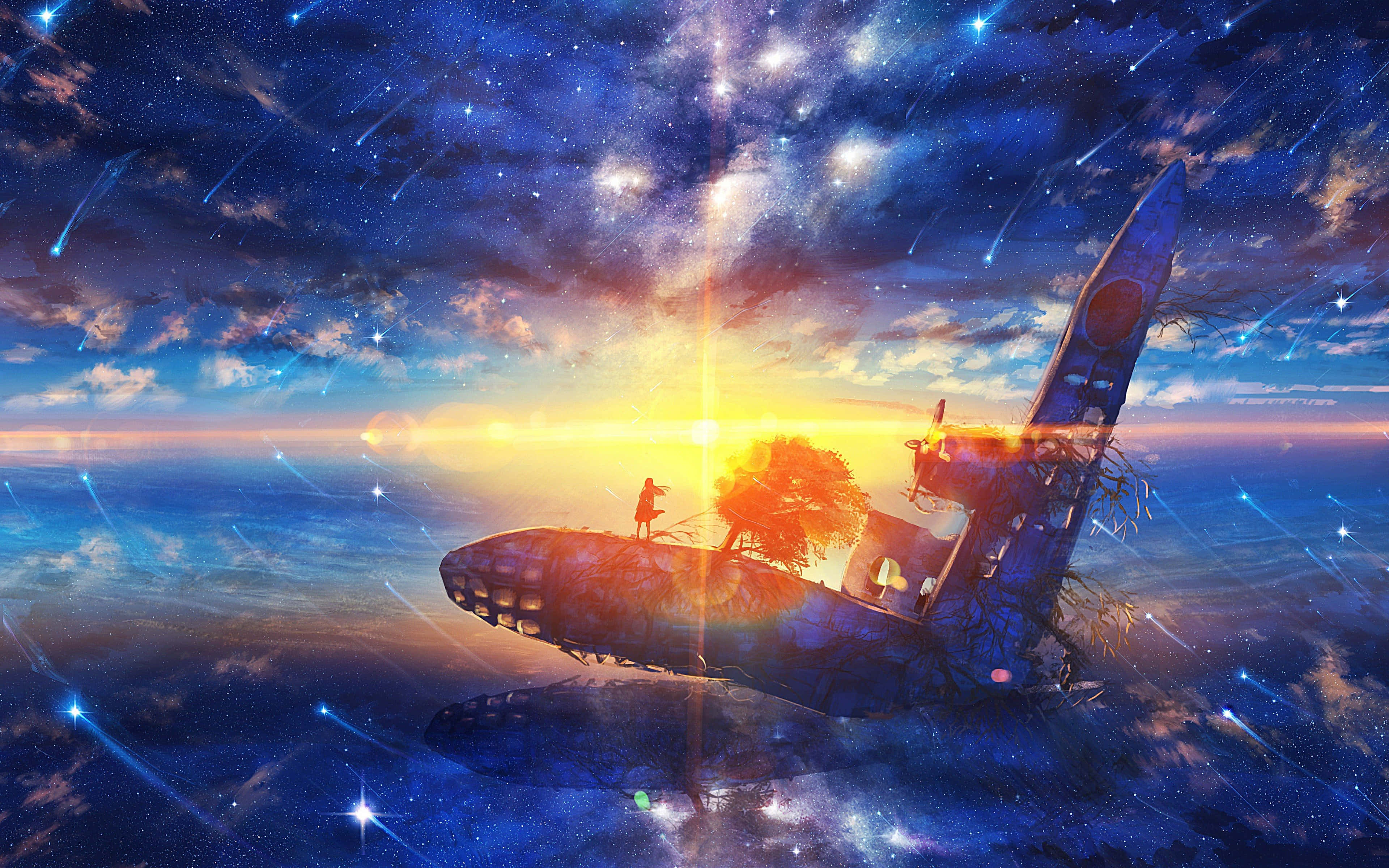 Manga Universe 桌布 壁紙 — 一個孤獨的身影站在一棵樹根纏繞的浮空飛機上，下方是充滿流星和閃爍夕陽地平線的 vibrant 星空。