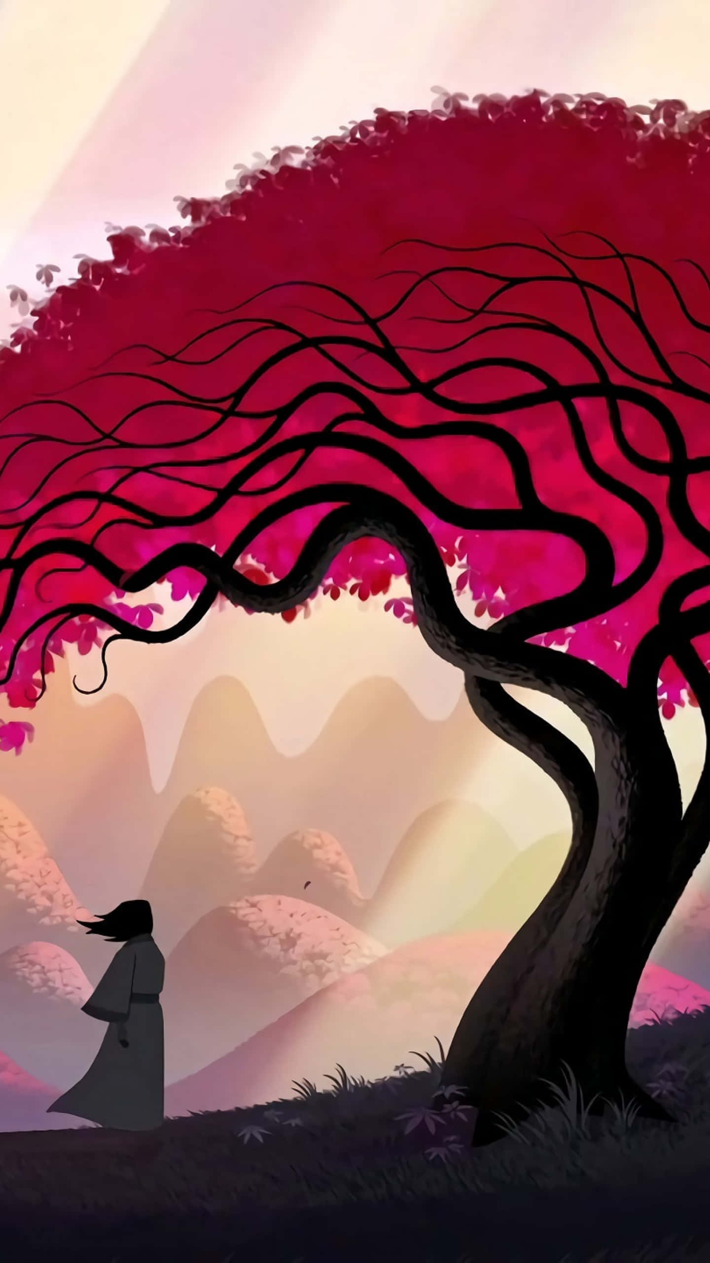 samurai jack 桌布 壁紙 — 一個孤獨的身影站在一棵鮮豔的洋紅色樹下，樹枝扭曲，背景是柔和的粉彩山脈。