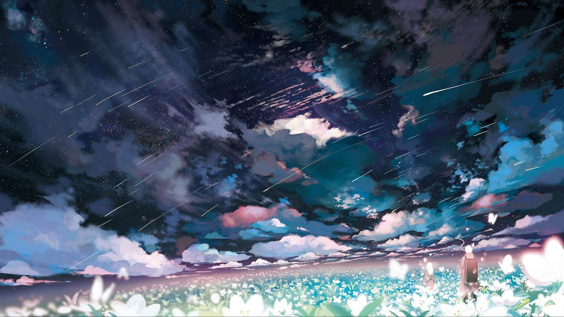 美學藝術 桌布 壁紙 — 一個孤獨的身影站在一片發光的白色花朵田野中，上方是廣闊的星空，點綴著宇宙射線和旋轉的雲層。