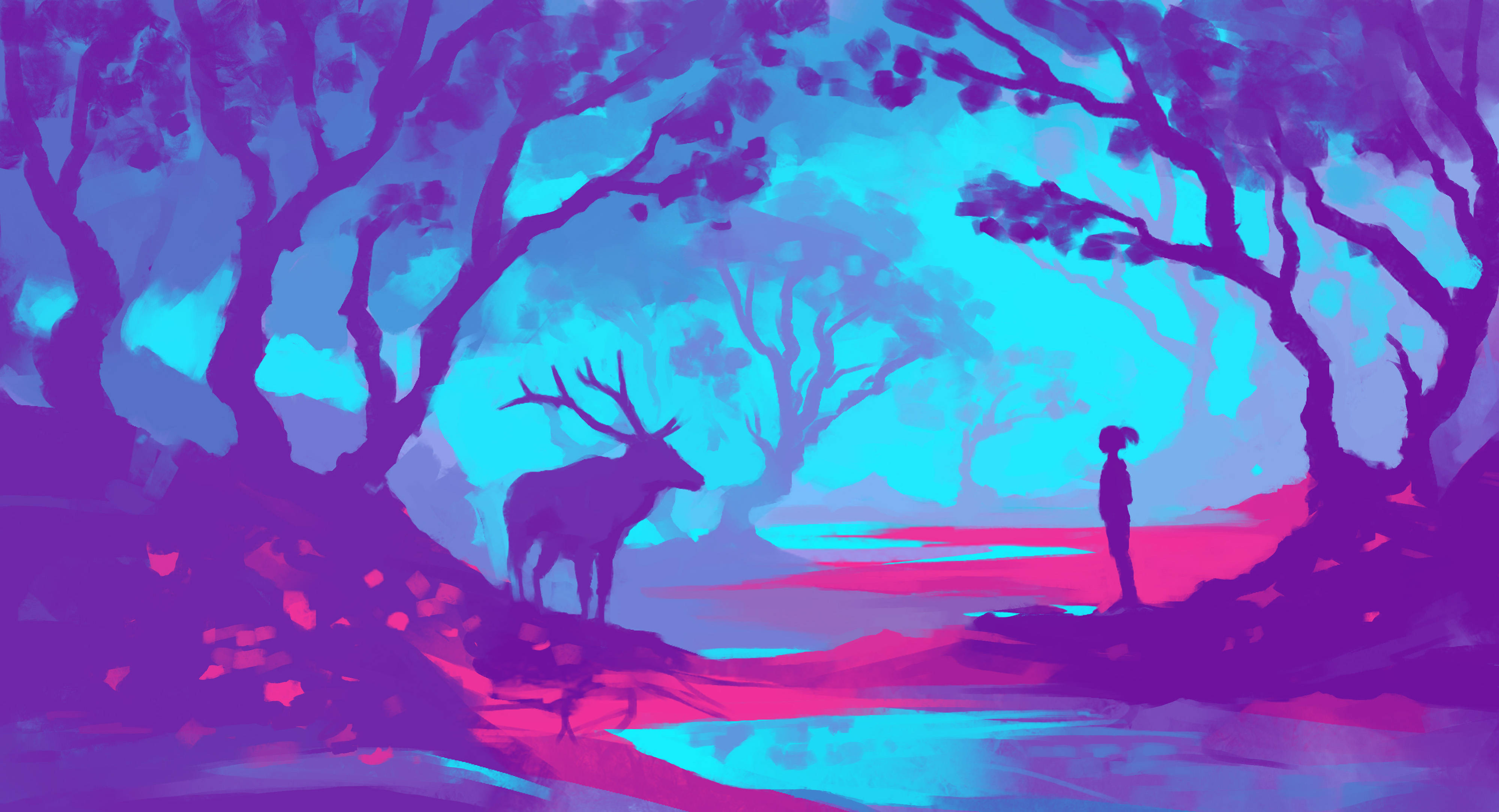 Drawing 桌布 壁紙 — 一個孤獨的身影站在一片超現實的森林中，森林閃爍著電光藍和洋紅色的光芒，一隻雄鹿從陰影中注視著。