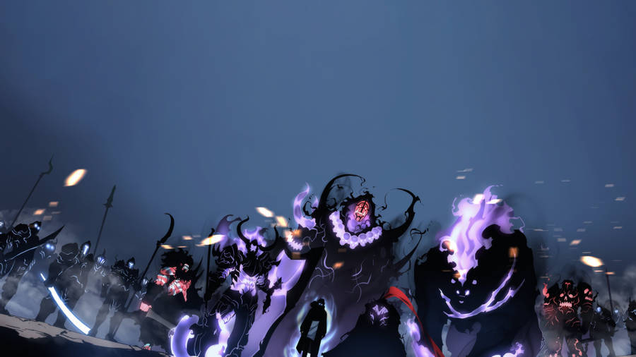Jin 桌布 壁紙 — 一個孤獨的身影站在一群發光的紫色惡魔生物面前，它們在黑暗的暮色天空下揮舞著武器。