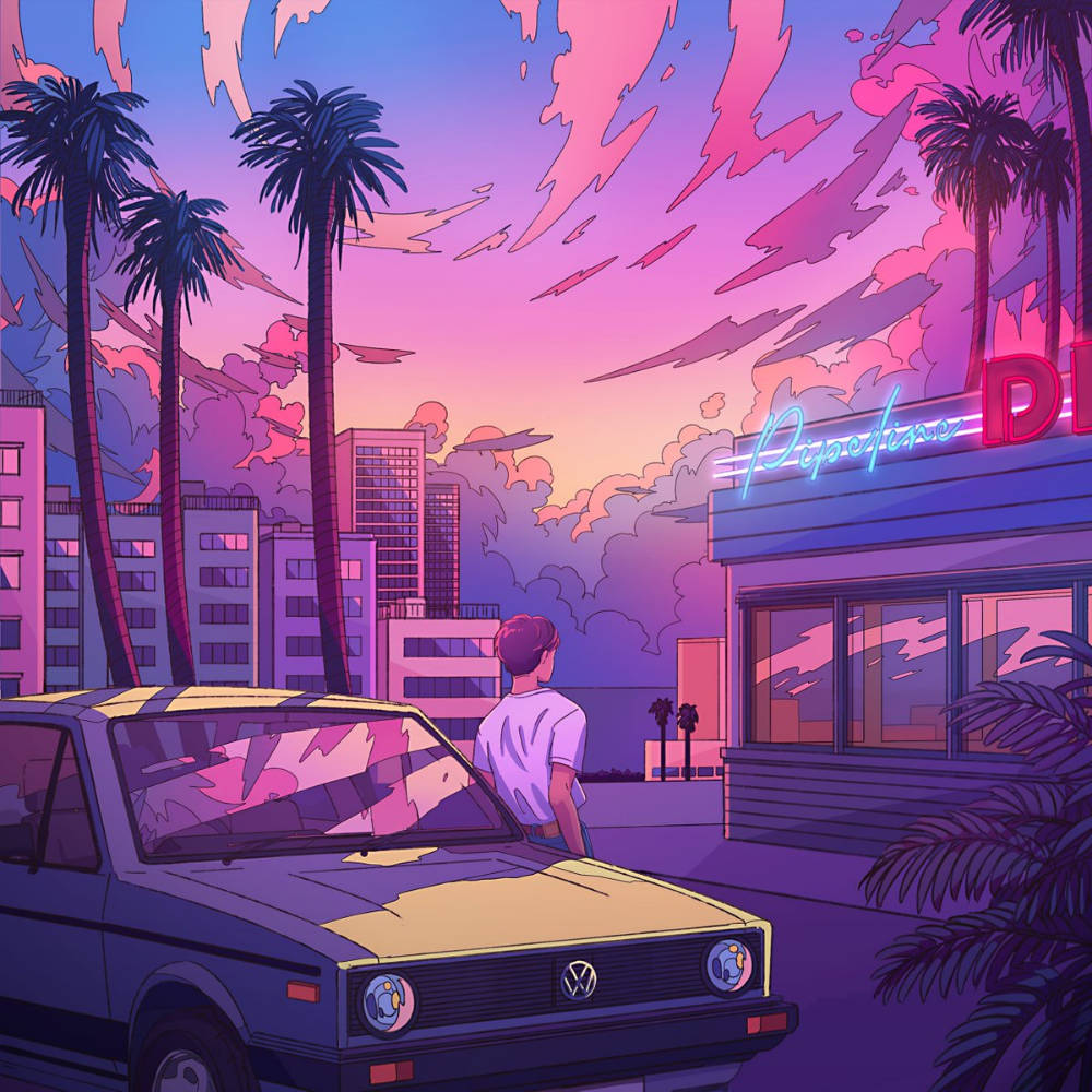 Purple Aesthetic Anime 桌布 壁紙 — 一個孤獨的身影站在一輛復古汽車旁，背景是超現實的粉紅和紫色日落天空，有棕櫚樹和霓虹燈招牌。