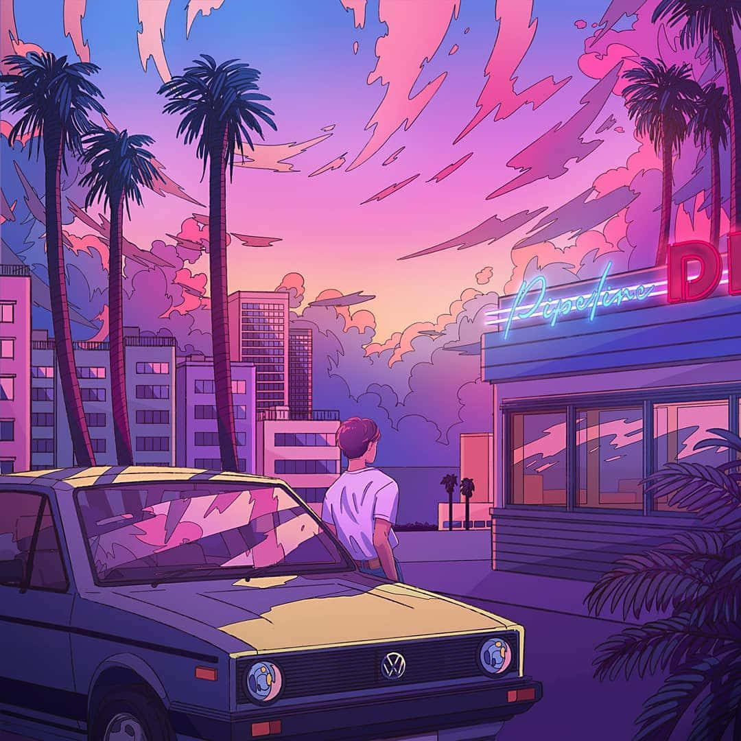 動漫車 桌布 壁紙 — 一個孤獨的身影站在一輛復古車旁，背景是超現實的粉紫色日落天空，有棕櫚樹和霓虹燈招牌。