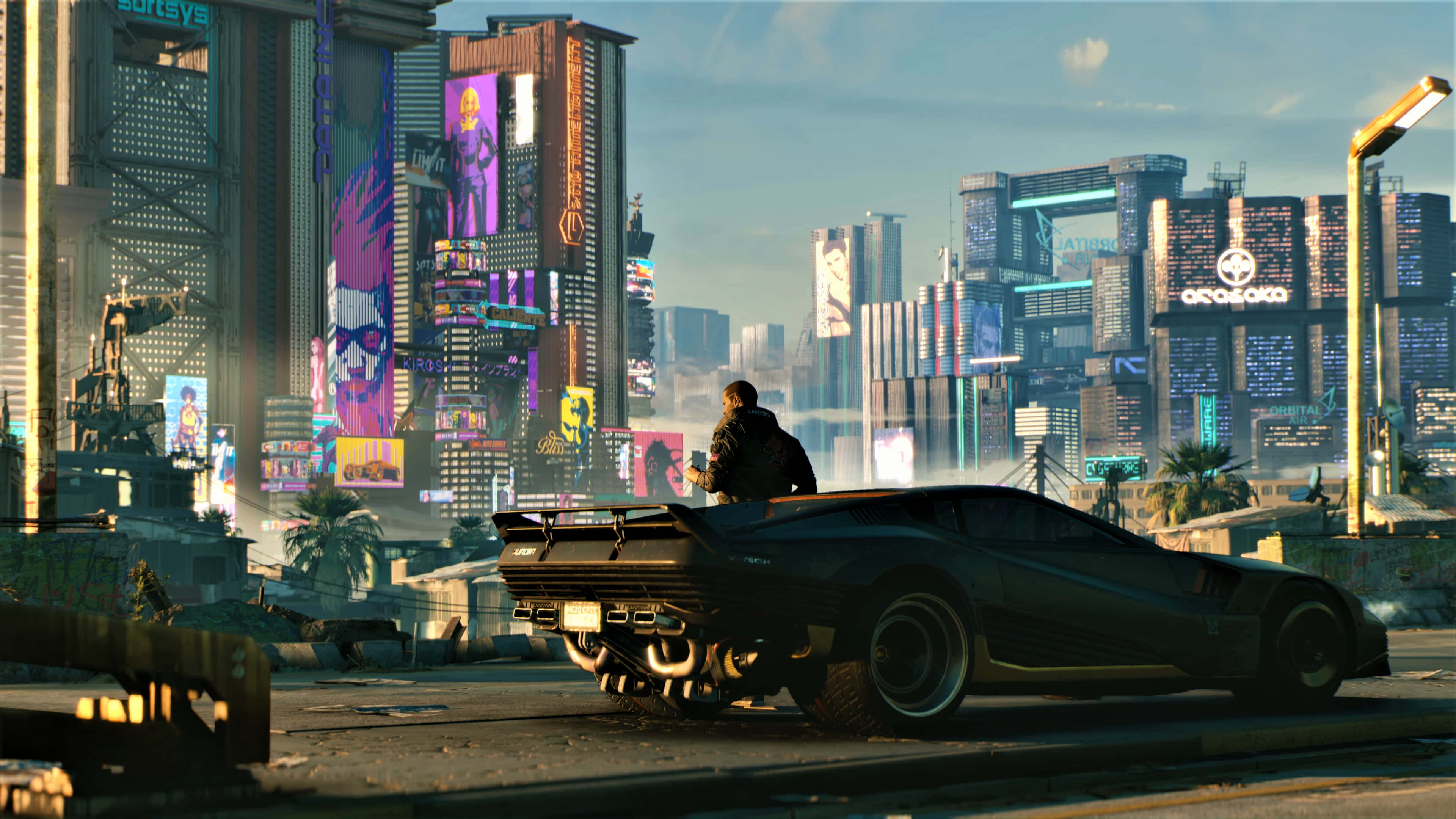 Cyberpunk Laptop 桌布 壁紙 — 一個孤獨的身影站在一輛時尚的黑色跑車上，背景是陽光普照的未來城市景觀，聳立著霓虹燈閃爍的摩天大樓。