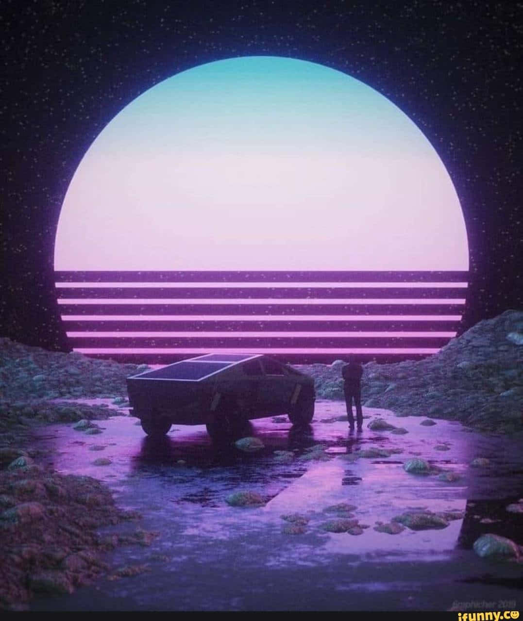 Cybertruck 桌布 壁紙 — 一個孤獨的身影站在一輛未來卡車旁邊，上方是一個巨大的發光行星，帶有霓虹條紋，處於超現實的外星景觀中。