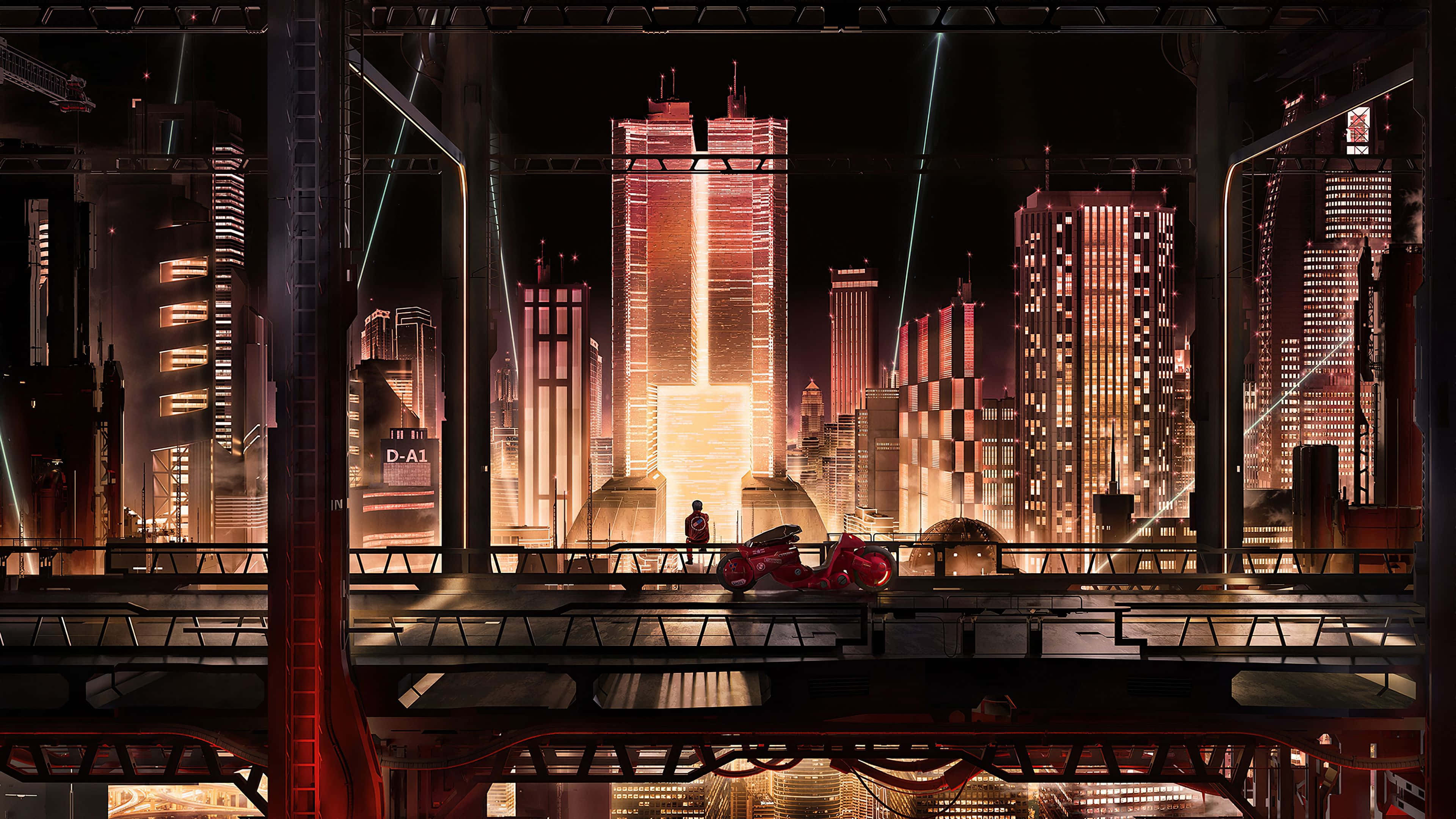Aesthetic Anime City 桌布 壁紙 — 一個孤獨的身影站在一輛紅色機車旁邊，身處一個高台之上，俯瞰著夜晚霓虹燈閃爍的賽博龐克城市景觀。