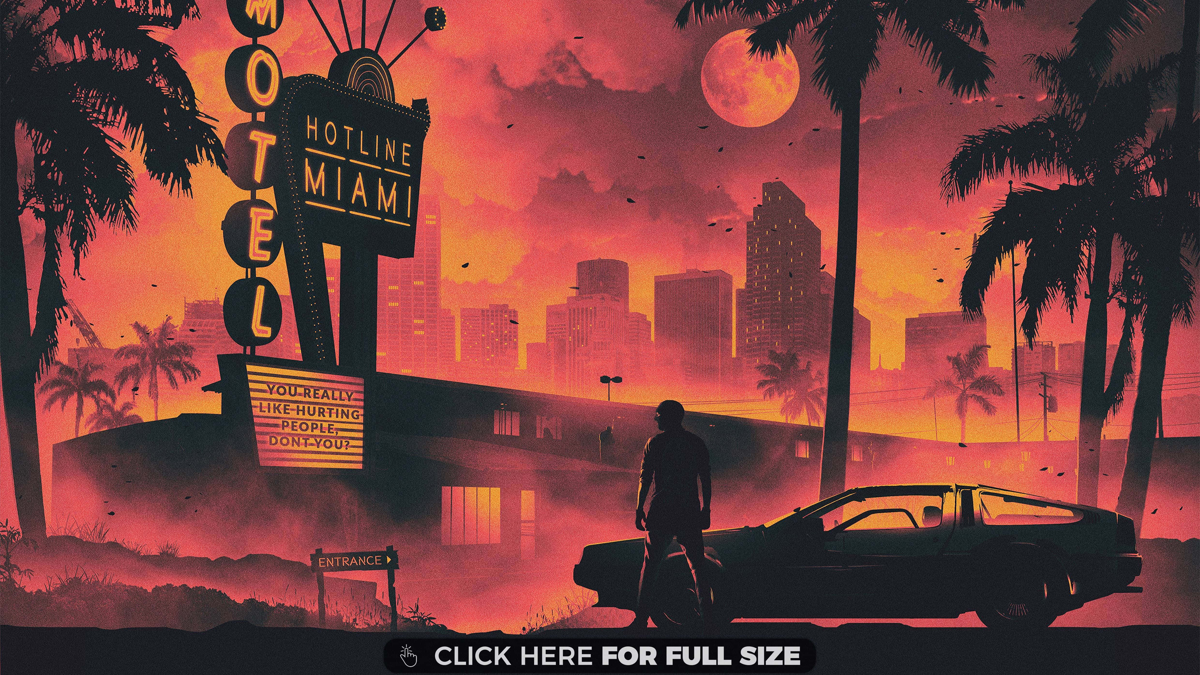 Miami 4K 桌布 壁紙 — 一個孤獨的身影站在一輛經典汽車旁，在閃爍的紅月下，旁邊是霓虹燈汽車旅館招牌，背景是粗糙的邁阿密日落。