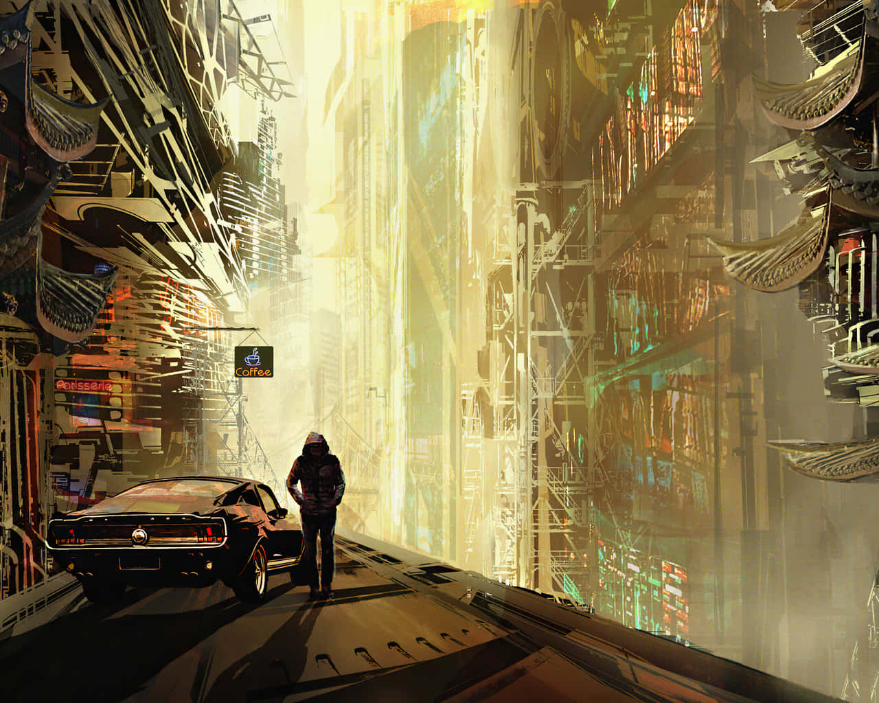 Dark Dystopian 桌布 壁紙 — 一個孤獨的身影站在一輛經典肌肉車旁，身處高聳、霓虹閃爍的賽博龐克城市景觀中，沐浴在金色光芒下。