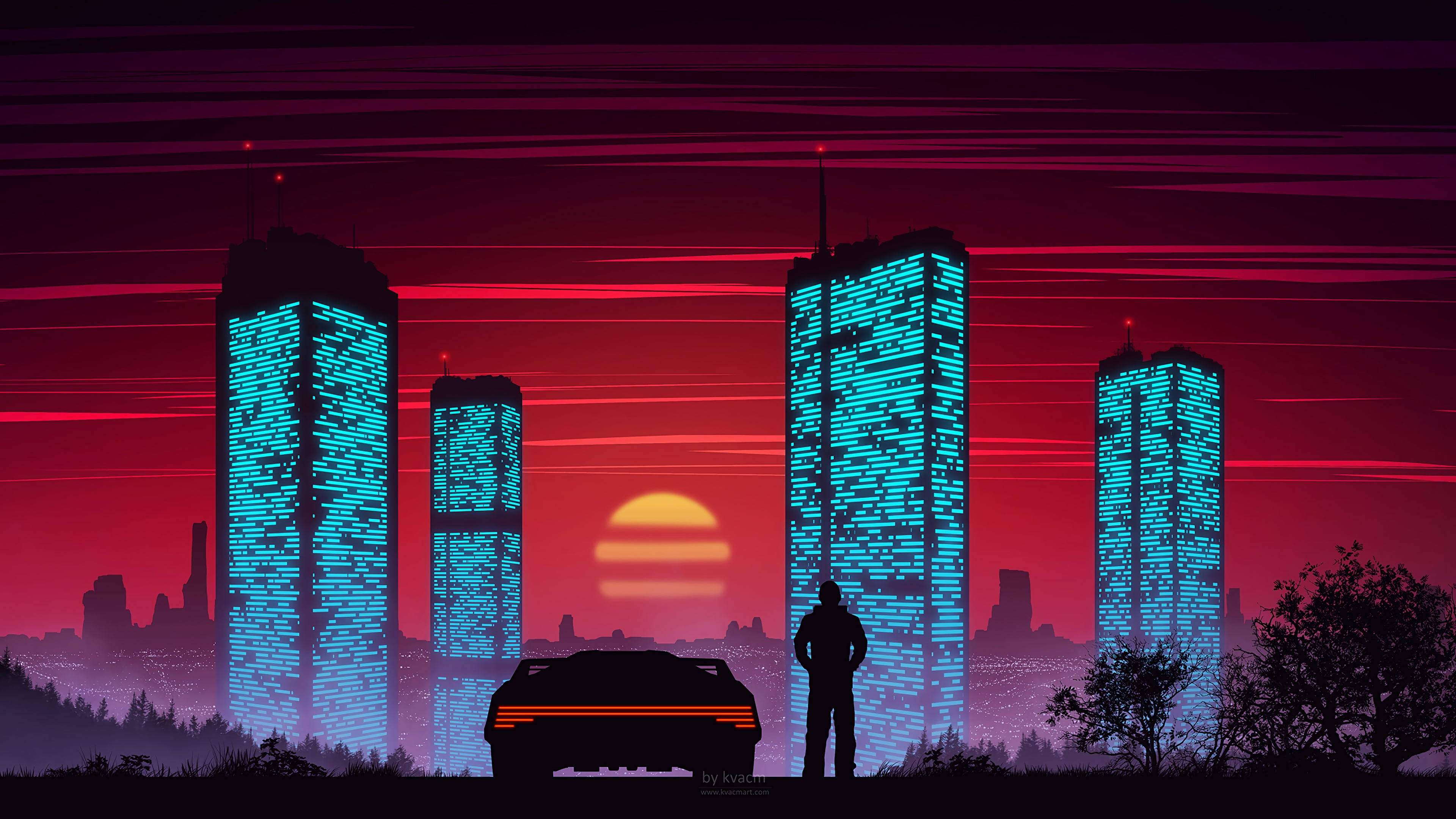 vector 桌布 壁紙 — 一個孤獨的身影站在一輛跑車旁邊，背景是發光的藍色摩天大樓，天空是火紅的日落。
