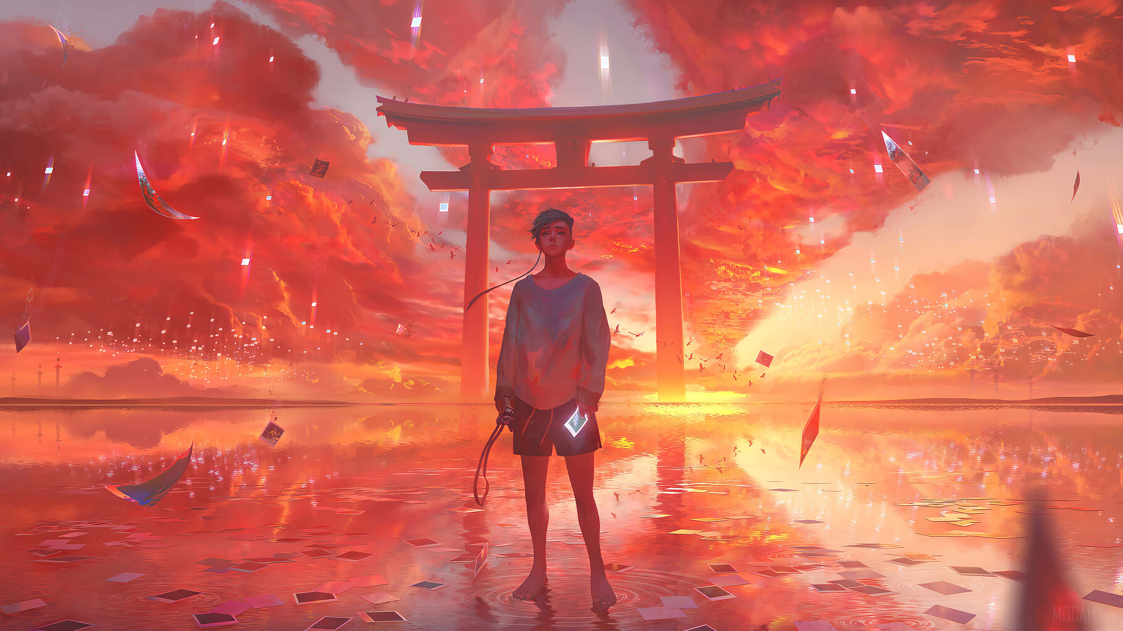 Shinto 桌布 壁紙 — 一個孤獨的身影站在倒映著天空的水中，上方是雄偉的紅色鳥居，熾熱的雲彩和飄落的紙燈籠照亮了超現實的日落。