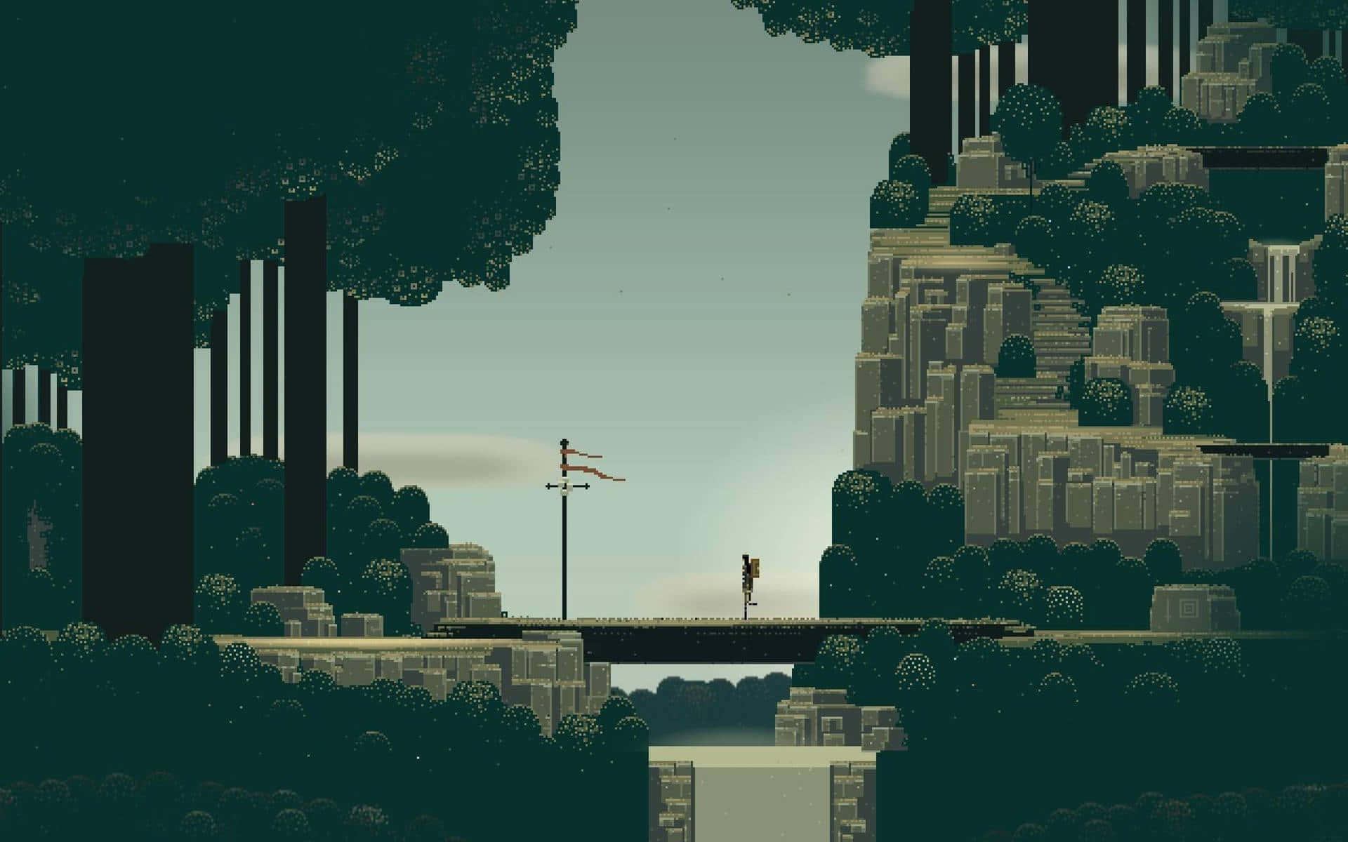 Cute Pixel Desktop 桌布 壁紙 — 一個孤獨的身影站在像素化森林與城市廢墟之間的橋上，天空暗淡。