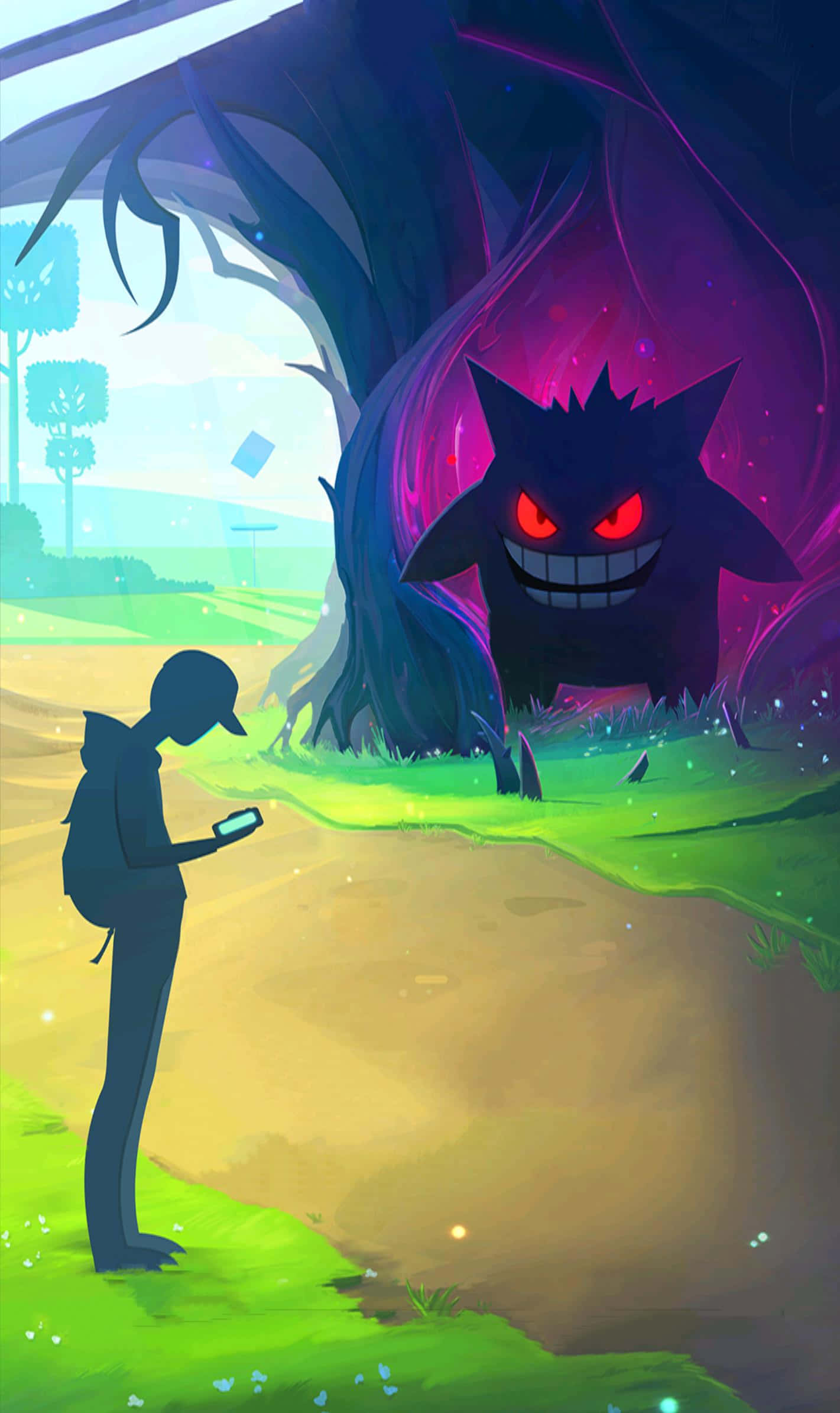 Pokemon Halloween 桌布 壁紙 — 一個孤獨的身影站在充滿活力的森林小徑上，面對著從黑暗樹木中出現的威脅性發光耿鬼。