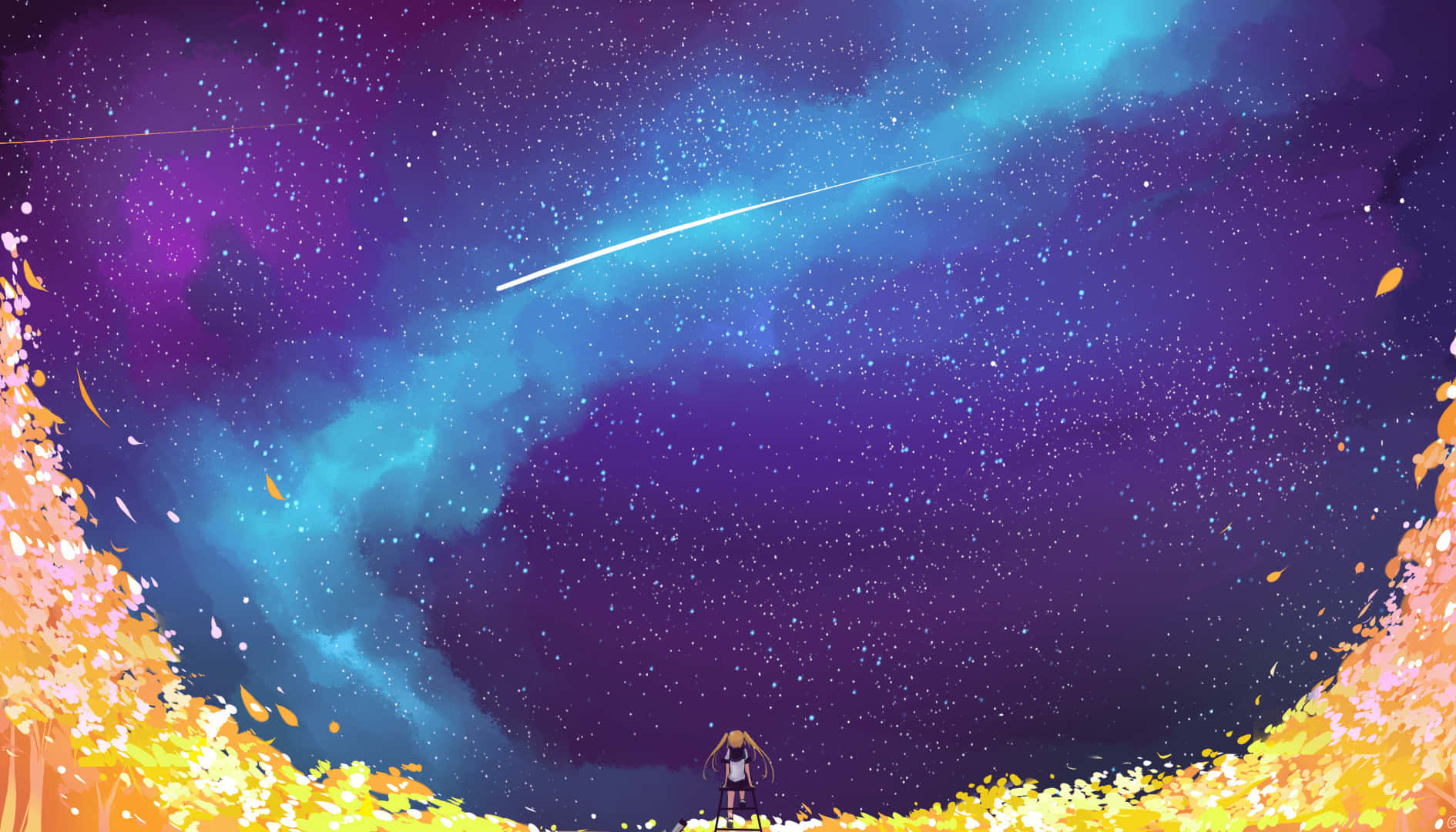 Manga Universe 桌布 壁紙 — 一個孤獨的身影站在充滿活力的紫色和藍綠色星空下，一顆明亮的流星劃過天空，周圍是金色的秋葉。
