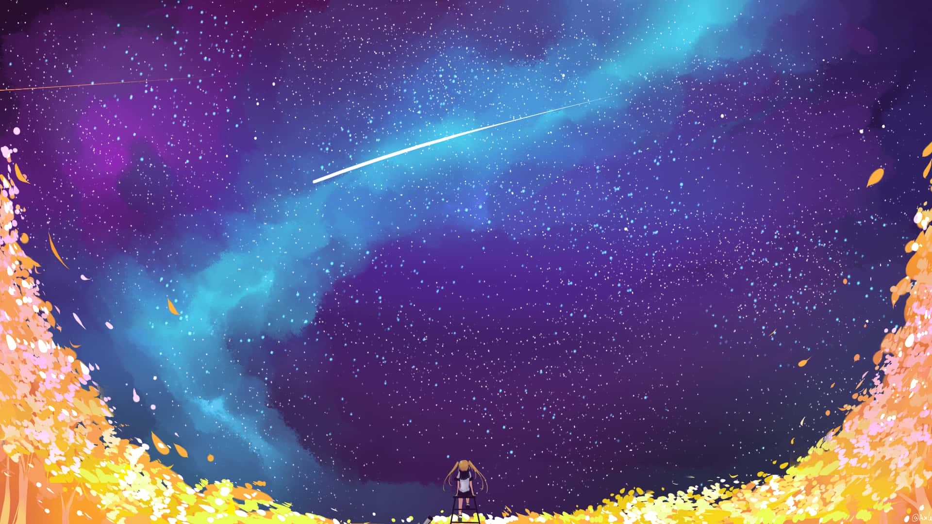 Stars 桌布 壁紙 — 一個孤獨的身影站在充滿活力的紫色和藍綠色星空下，伴隨著一顆流星，被發光的秋葉環繞。
