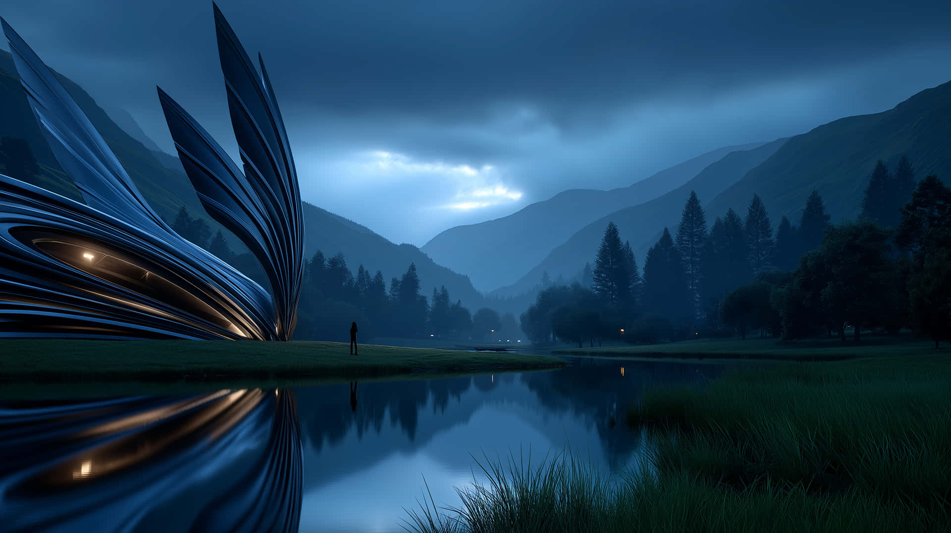 Surreal Alien Structure in Serene Mountain Lake Landscape 壁紙 — 一個孤獨的身影站在光滑的金屬雕塑前，雕塑在平靜的水面上倒映，背景是陰沉的暮色天空。