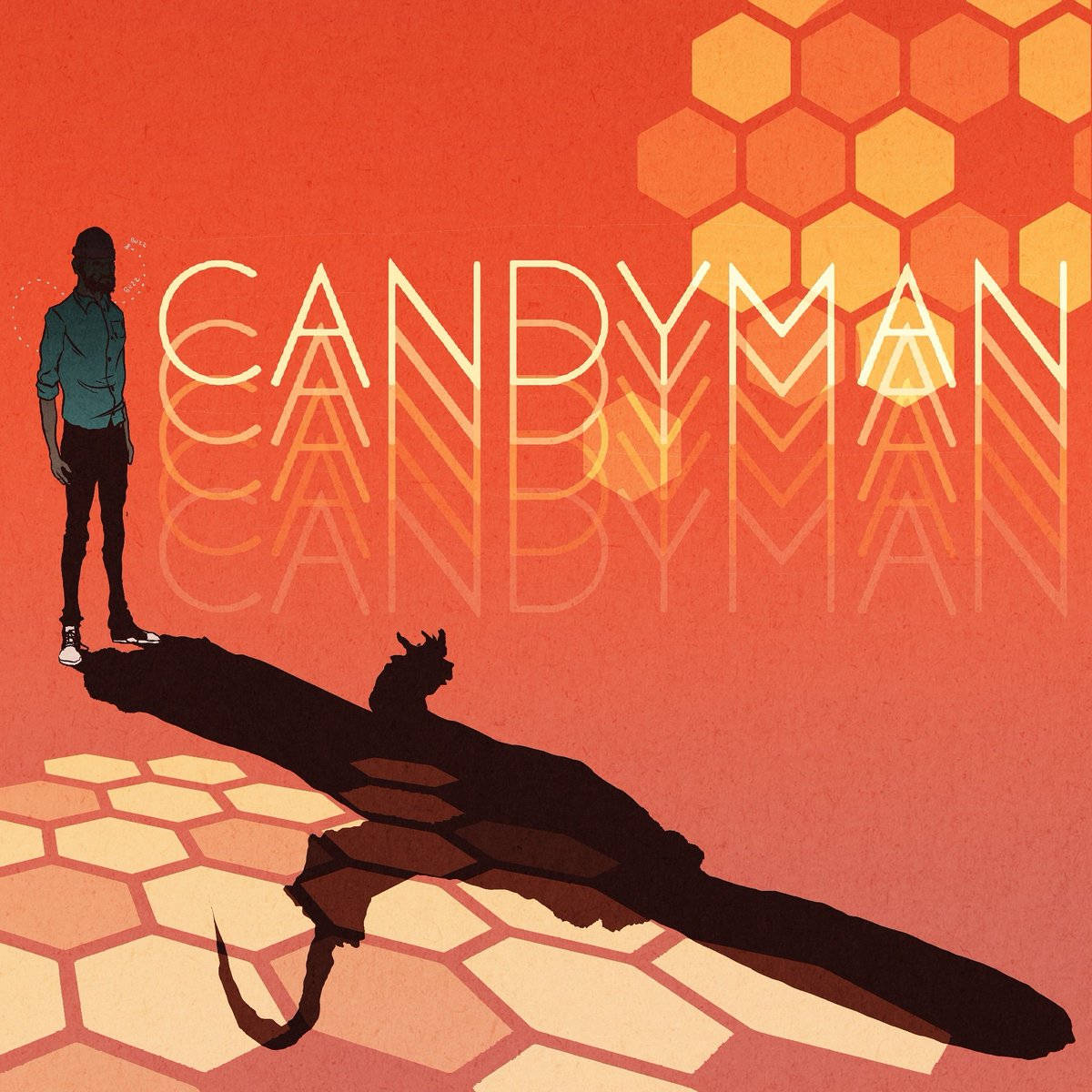 Candyman 桌布 壁紙 — 一個孤獨的身影站在六角形平台上，背景是溫暖的橙色，並以風格化文字疊加「CANDYMAN」字樣。