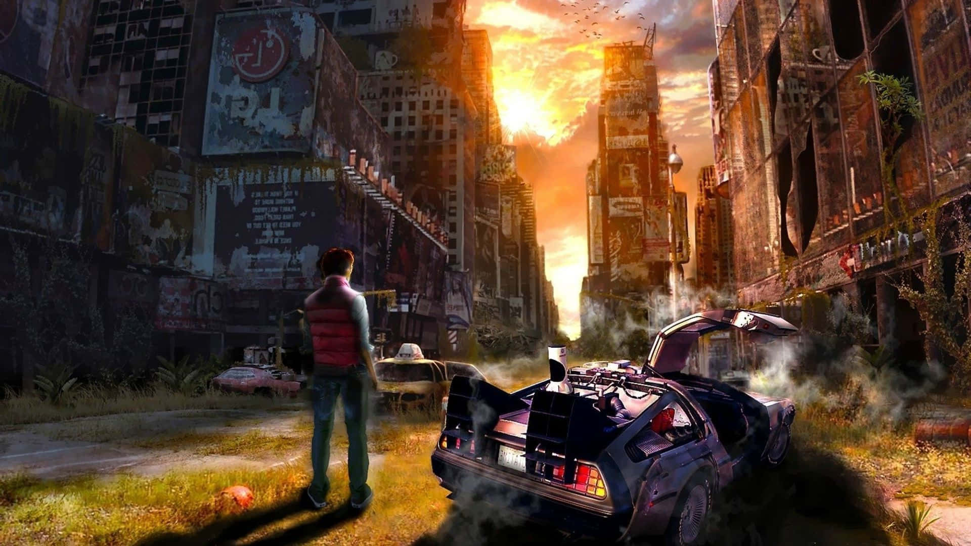 Future Desktop 桌布 壁紙 — 一個孤獨的身影站在冒煙的DeLorean旁邊，背景是廢墟城市景觀，沐浴在熾熱的夕陽光中。