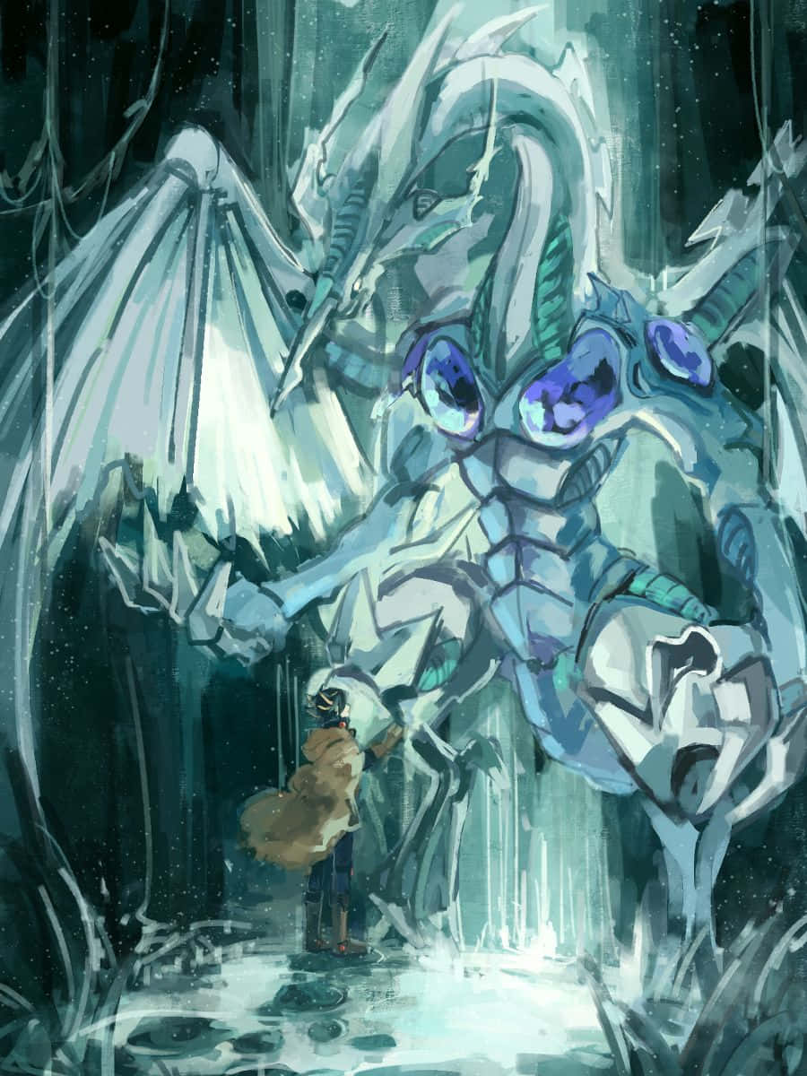 Yugioh Dragons 桌布 壁紙 — 一個孤獨的身影站在冰凍洞穴中，面對一隻擁有發光紫色眼睛的巨大冰龍。