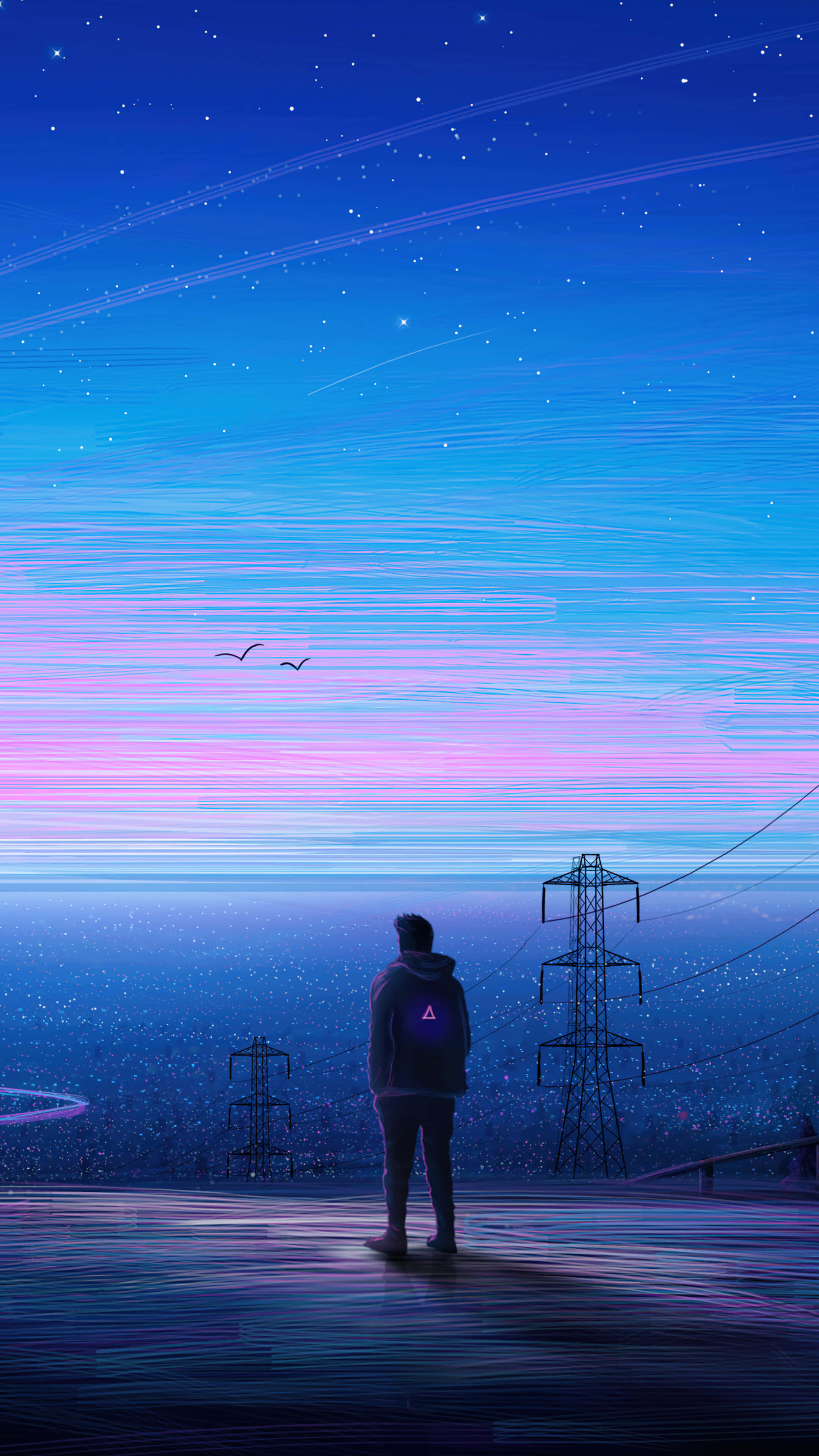 Alone 桌布 壁紙 — 一個孤獨的身影站在反光表面上，凝視著充滿粉紅色和藍色星星及電線的鮮豔暮色天空。