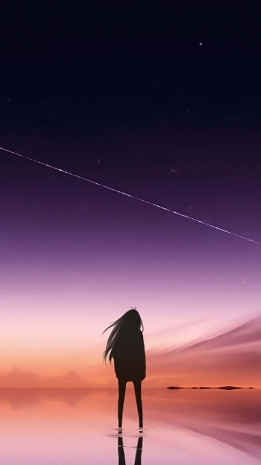 Sad Crying Anime 桌布 壁紙 — 一個孤獨的身影站在反射的水中，凝視著充滿活力的紫色和橙色暮色天空，上面有一條發光的流星軌跡。