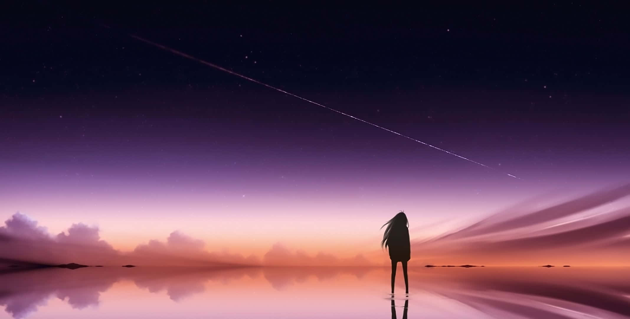 Pink Anime 桌布 壁紙 — 一個孤獨的身影站在反射的田野中，背景是充滿活力的紫色和橙色暮色天空，劃過一顆流星。