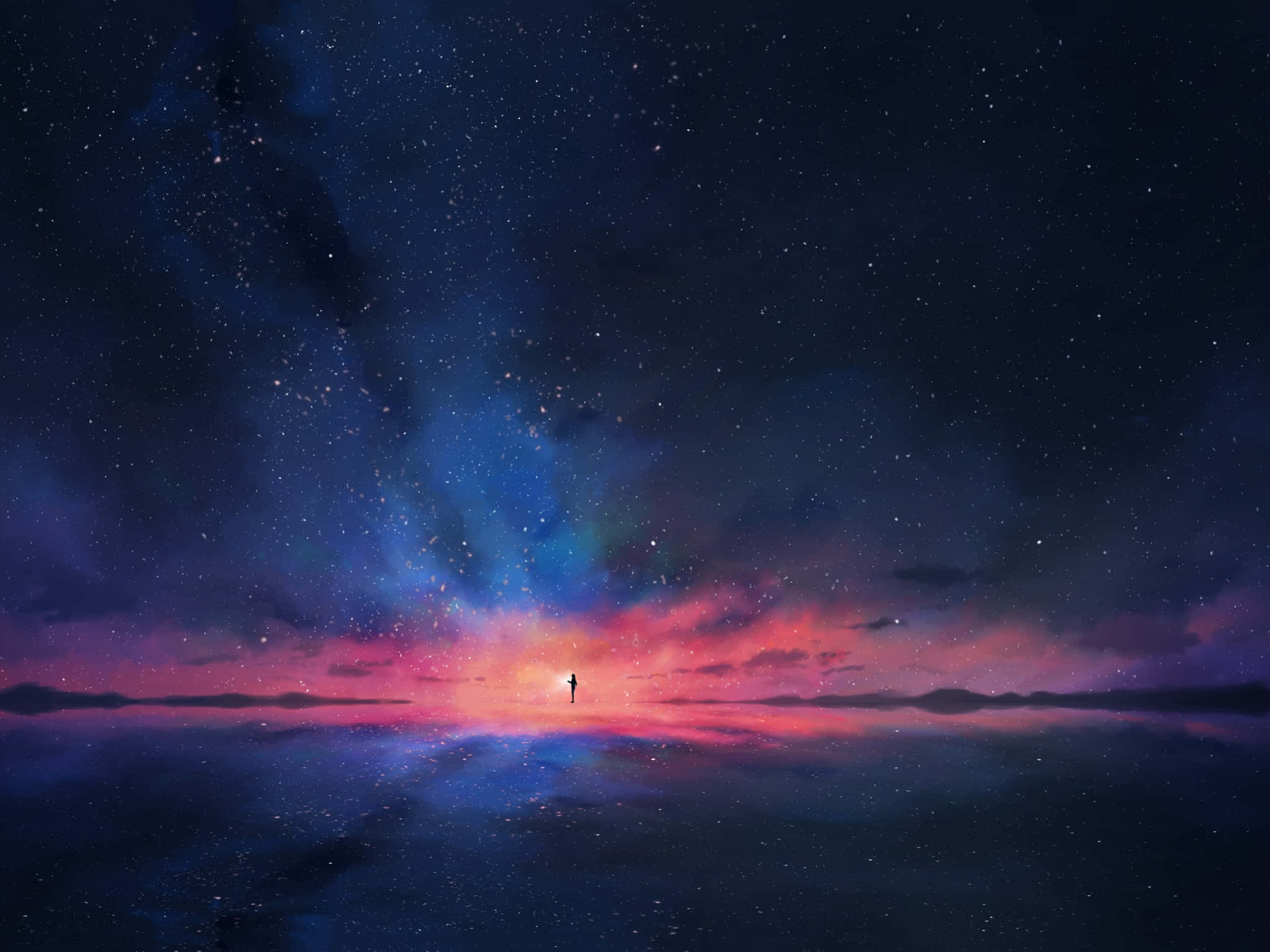 Minimalist Space 桌布 壁紙 — 一個孤獨的身影站在反射表面上，下方是廣闊的星空，散發著宇宙粉紅和藍色的光芒。
