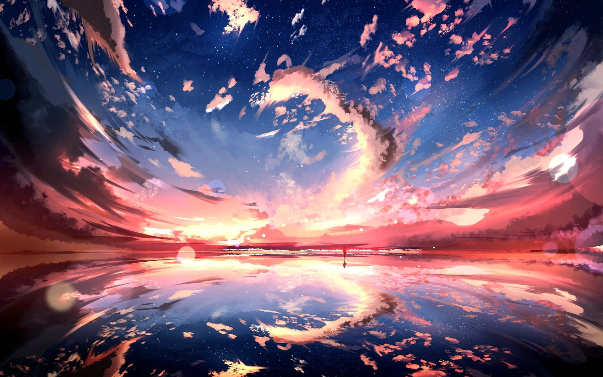 Colorful Sky 桌布 壁紙 — 一個孤獨的身影站在反射表面上，夕陽下粉紅、橙色和深藍色的雲彩在天空中旋轉。