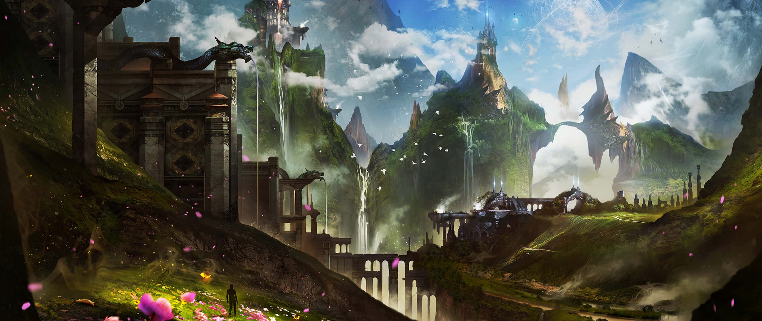Art 2560x1080 桌布 壁紙 — 一個孤獨的身影站在古老廢墟前，身處一個充滿生機的奇幻山谷，其中有浮空島嶼和層疊瀑布，天空明亮。