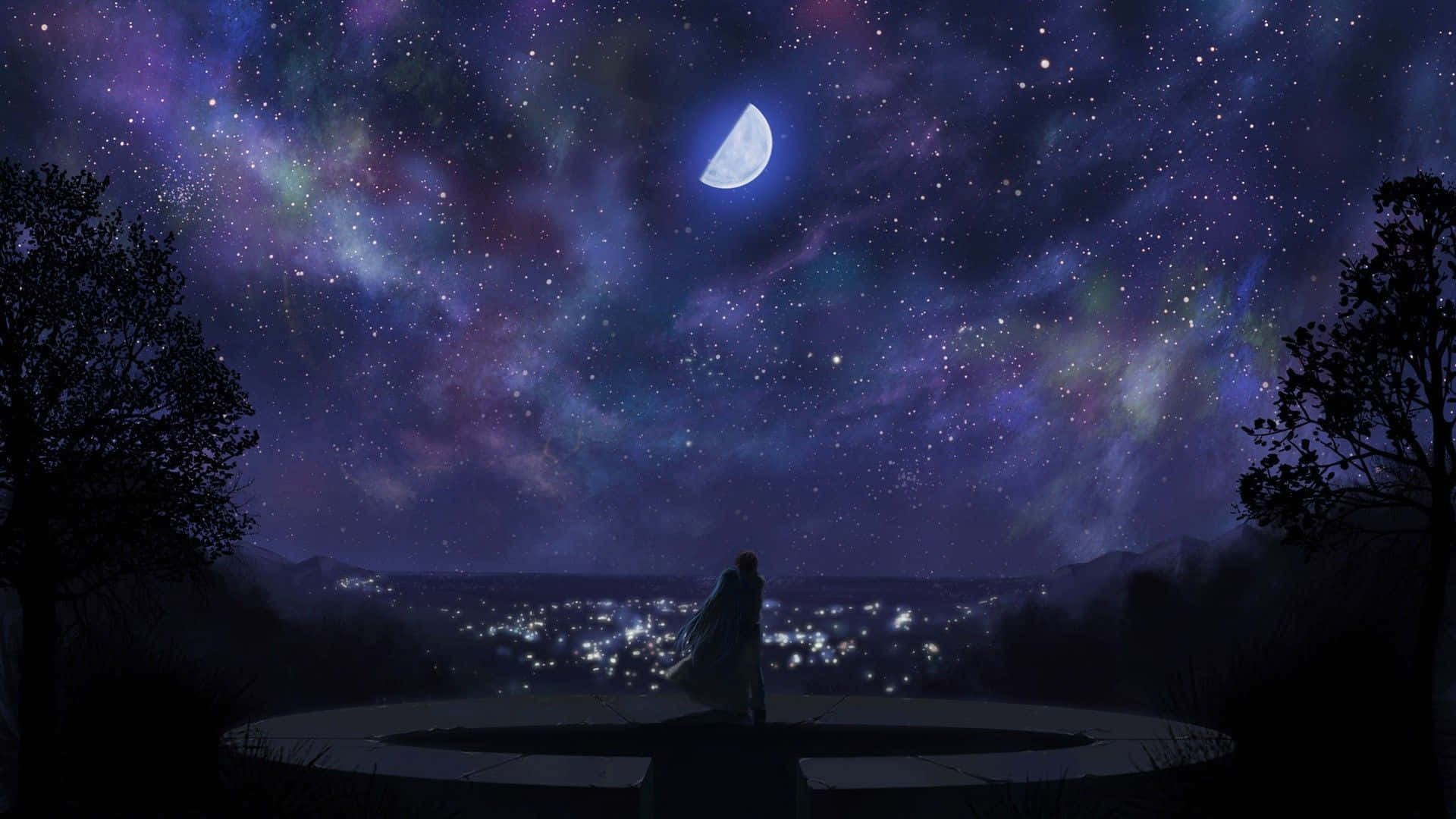 Manga Universe 桌布 壁紙 — 一個孤獨的身影站在圓形平台上，下方是充滿活力的星空夜空，新月俯瞰著遠方發光的城市。