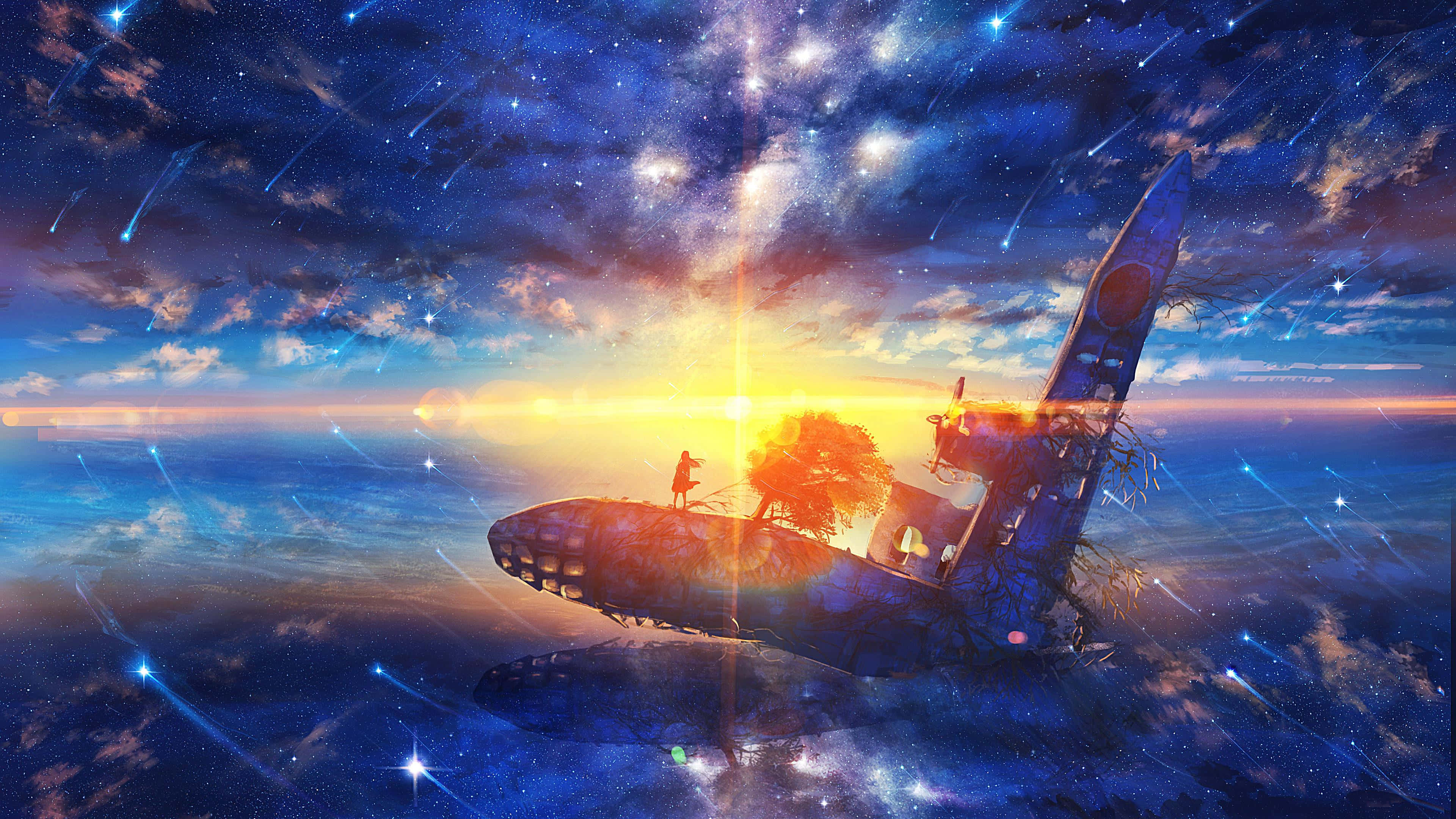 4K Anime Space 桌布 壁紙 — 一個孤獨的身影站在墜毀的飛機上，飛機漂浮在星空之中，背後是燦爛的夕陽。