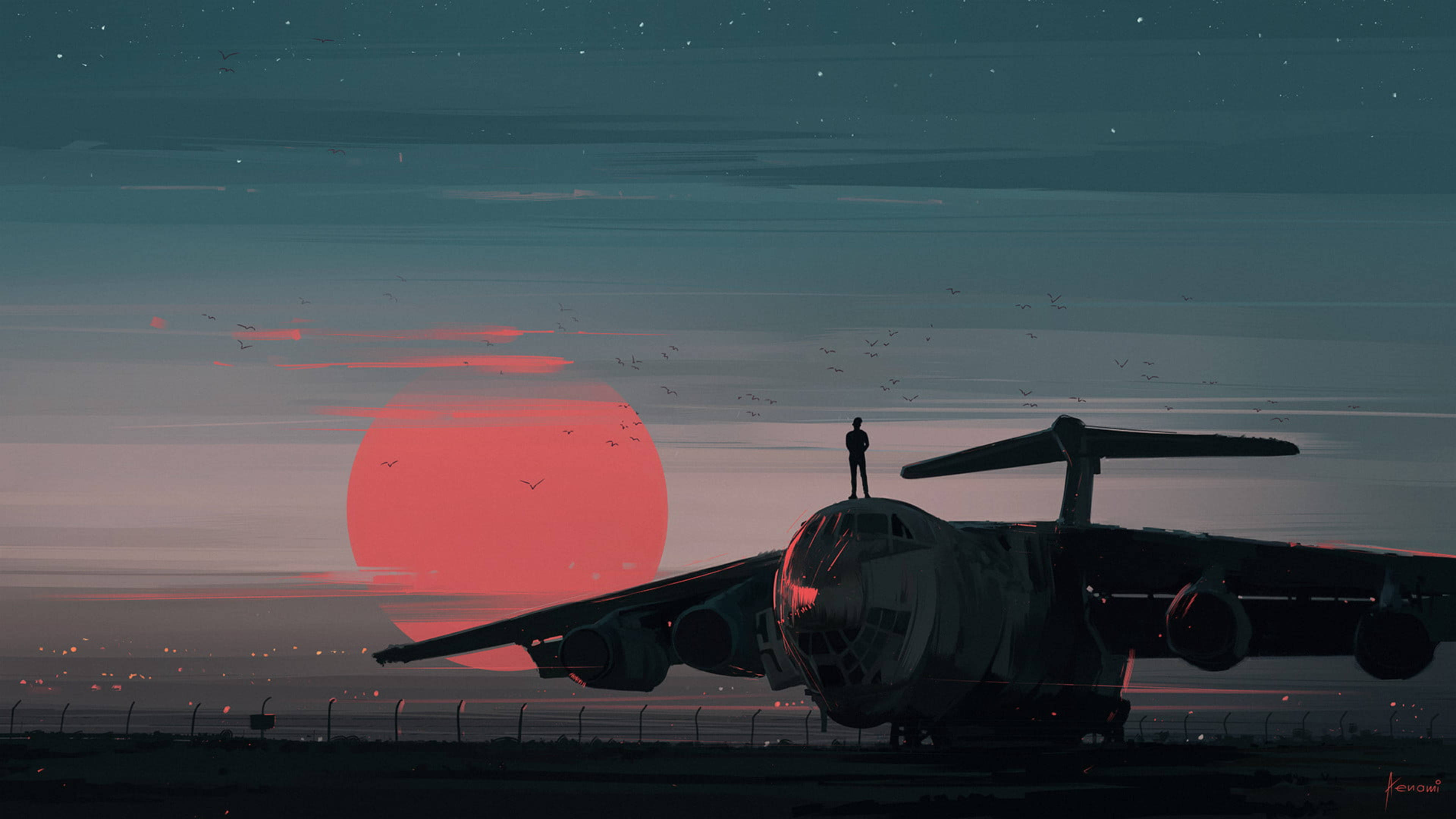 Silhouette 桌布 壁紙 — 一個孤獨的身影站在大型飛機剪影上，背景是發光的紅太陽和繁星點點的暮色天空。