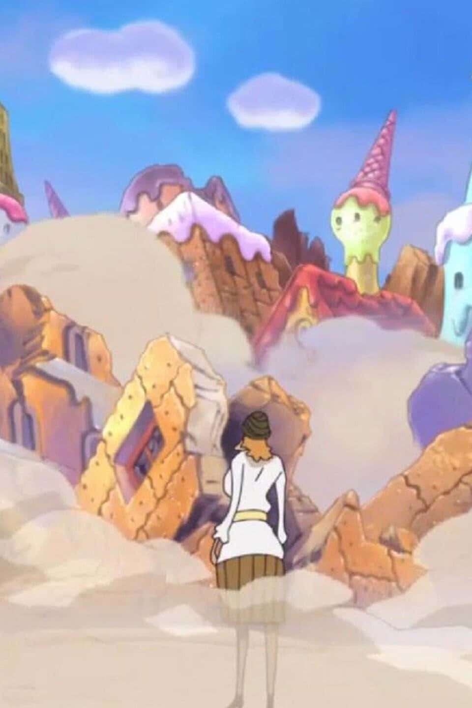 Whole Cake Island 桌布 壁紙 — 一個孤獨的身影站在奇思妙想的糖果主題廢墟前，背景是晴朗的藍天和蓬鬆的白雲。